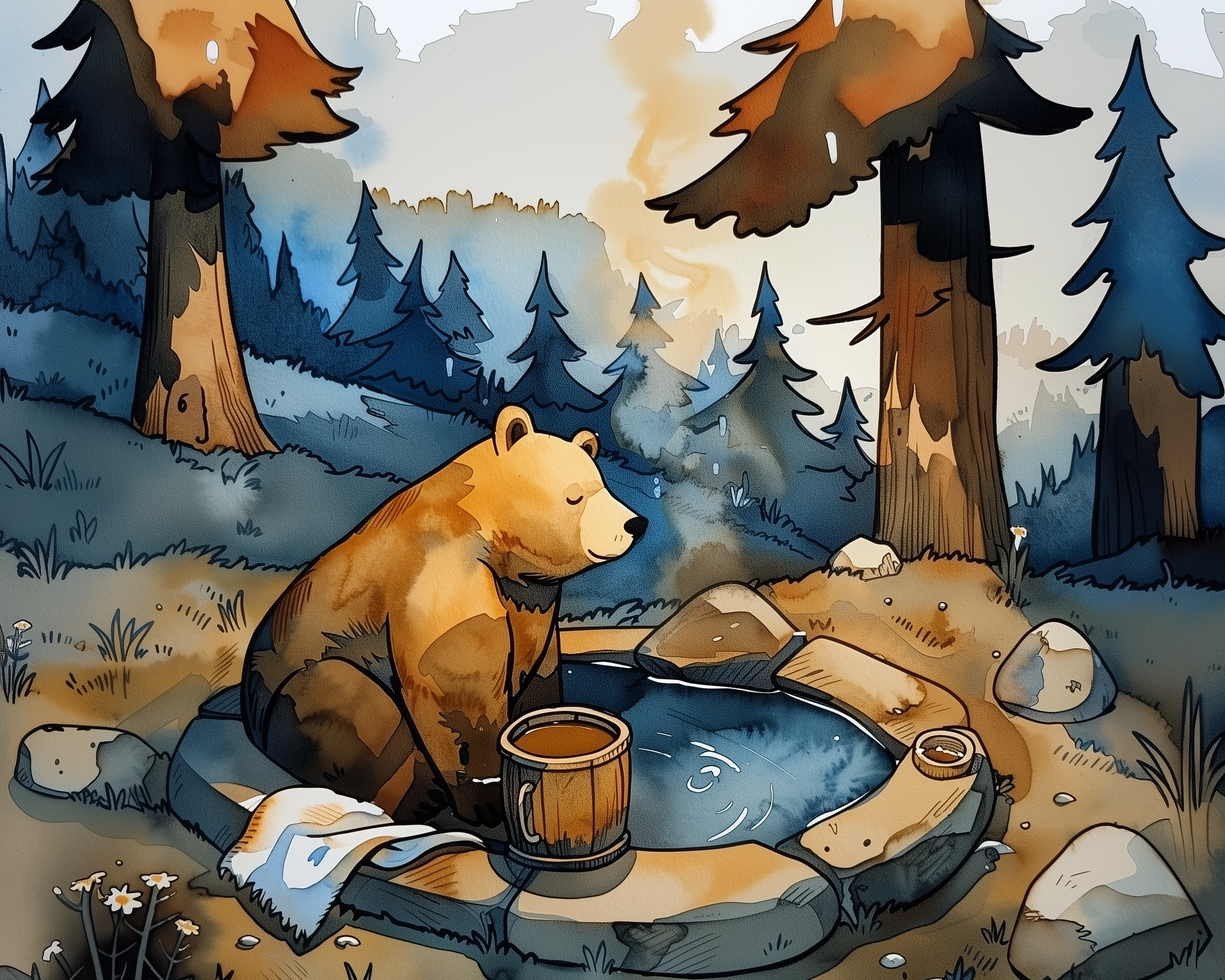 Woodland Bear Wall Art for Nursery, Playroom or Kids Bedrooms - Relaxing Forest Bath Adventure Decor - Forest Zen