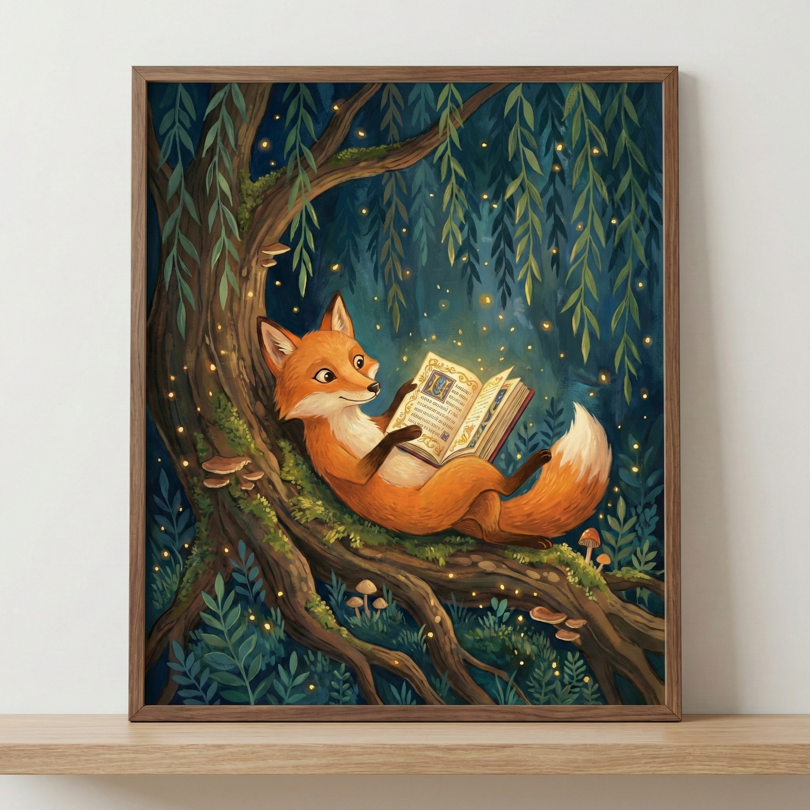 Framed fox reading a glowing book fairy-themed wall art sitting on a light wood shelf against a neutral off-white wall. The artwork is housed in a simple, medium-brown wooden frame.