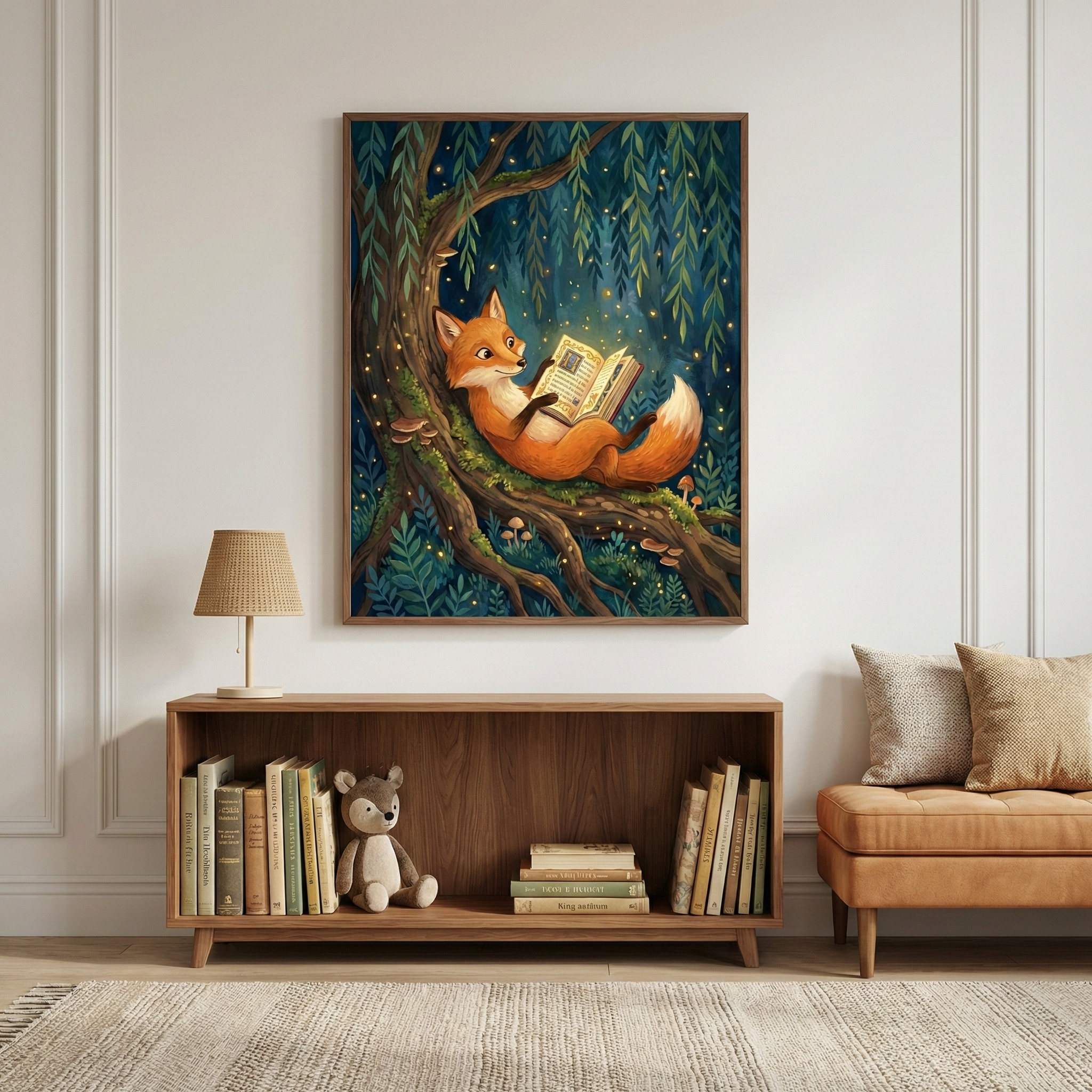 Whimsical fairy tale fox reading a book wall art hanging above a mid-century wood sideboard in a cozy reading nook.