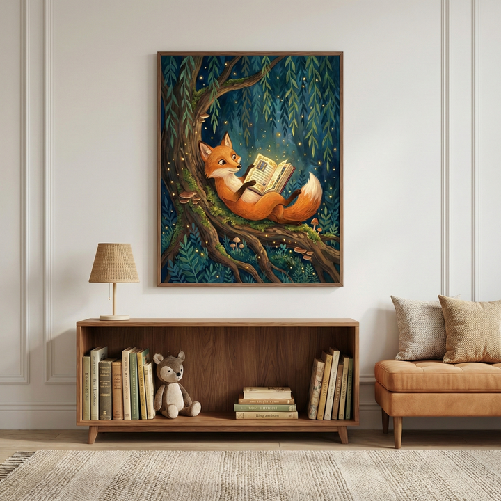 Whimsical fairy tale fox reading a book wall art hanging above a mid-century wood sideboard in a cozy reading nook.