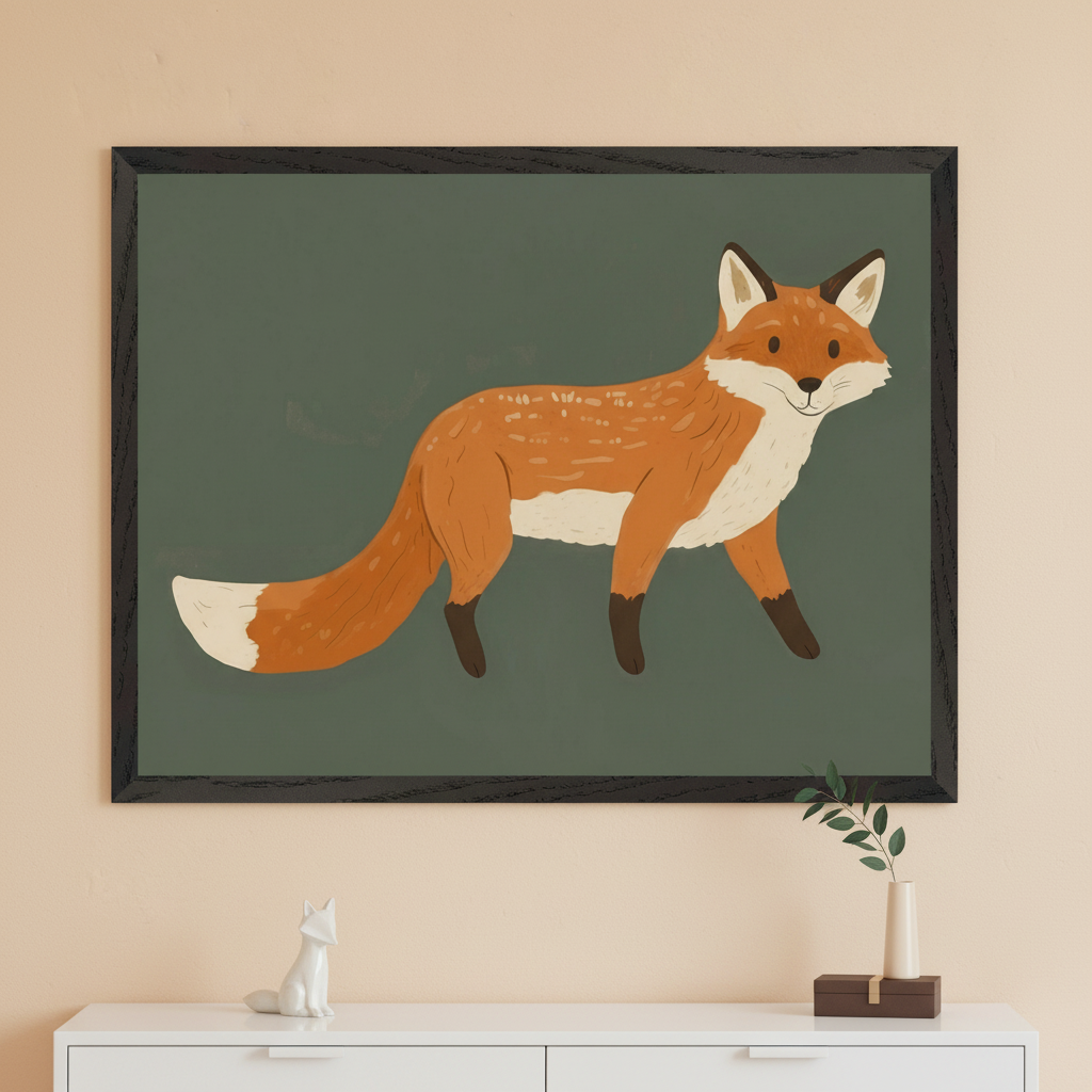Modern room with a white dresser. A large black-framed illustration of an orange fox with white markings, walking on a dark green background, hangs centered above the dresser. A white fox figurine and a vase with a twig are on the dresser.
