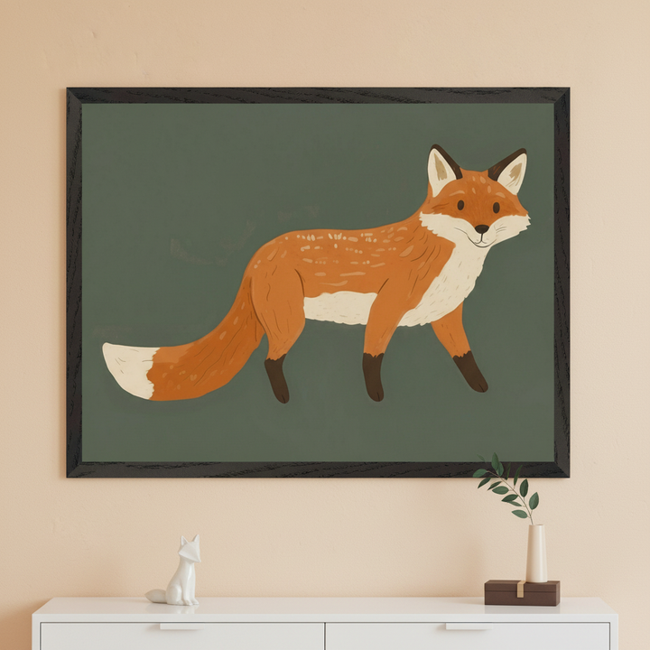 Modern room with a white dresser. A large black-framed illustration of an orange fox with white markings, walking on a dark green background, hangs centered above the dresser. A white fox figurine and a vase with a twig are on the dresser.