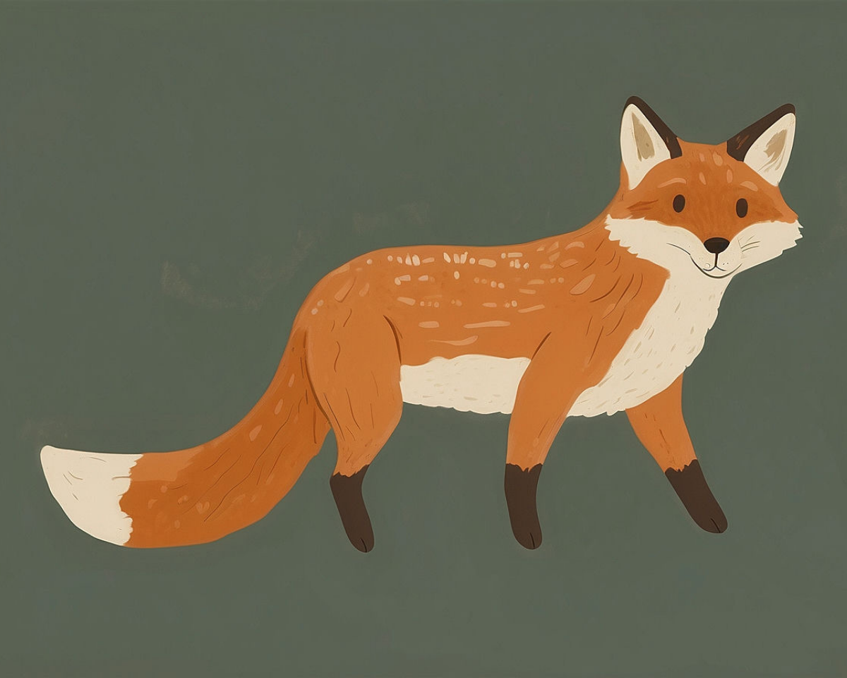 An illustrated fox with a vibrant orange coat, white belly, and dark paws stands against a muted green background, looking forward with a friendly expression.
