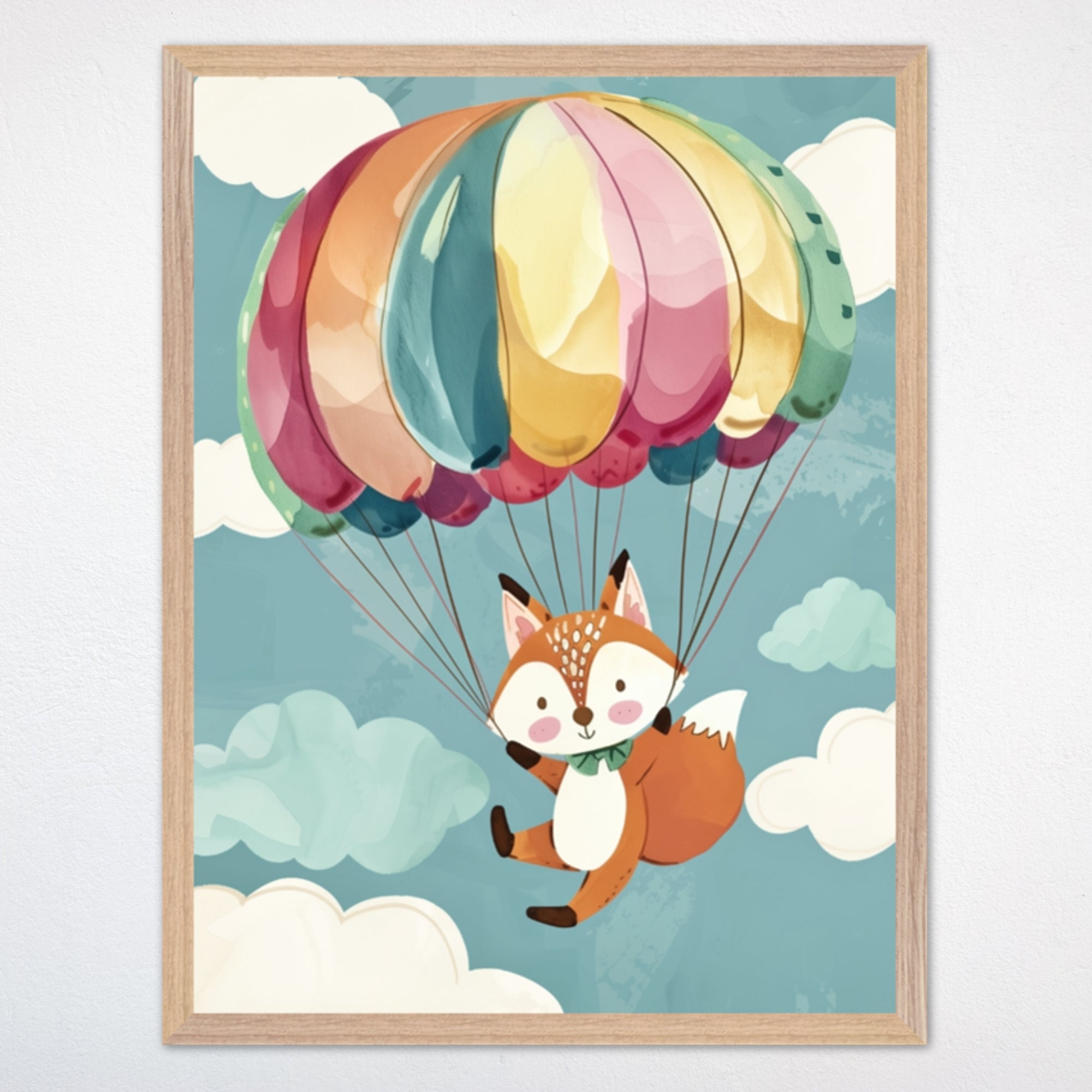 Cheerful illustration of a smiling fox with rosy cheeks parachuting through the sky under a rainbow-colored parachute. The background is filled with fluffy clouds and a soft blue sky, adding to the playful, adventurous feel.