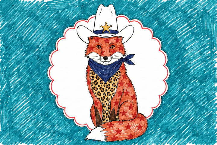 A stylized fox with red star markings and a leopard-print chest wears a sheriff hat and navy blue bandana, framed by a scalloped border with a teal background.