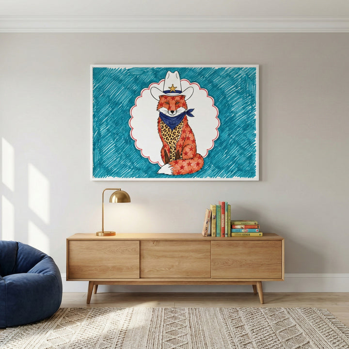 Whimsical western cowboy fox wall art hanging above a light wood sideboard in a cozy contemporary playroom.