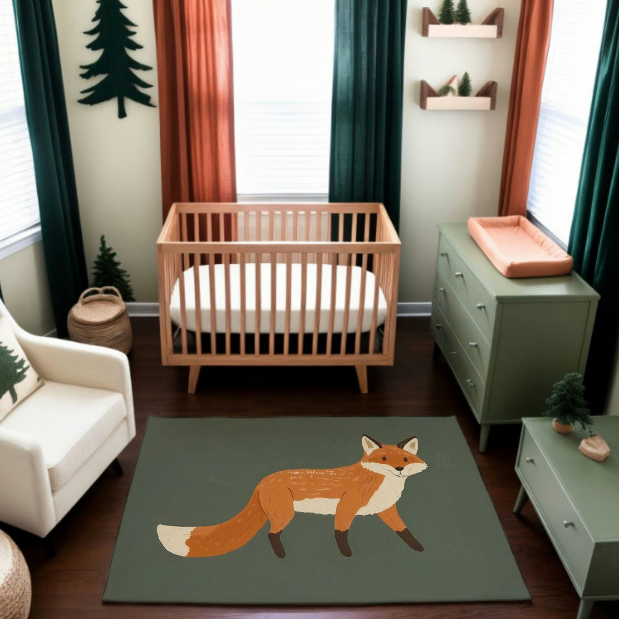 A woodland-themed nursery featuring a natural wood crib, a green dresser, and forest-inspired decor, including tree-shaped accents and earthy tones. The rug displays a striking illustration of a fox with vibrant orange fur on a green backdrop, tying the woodland aesthetic together.