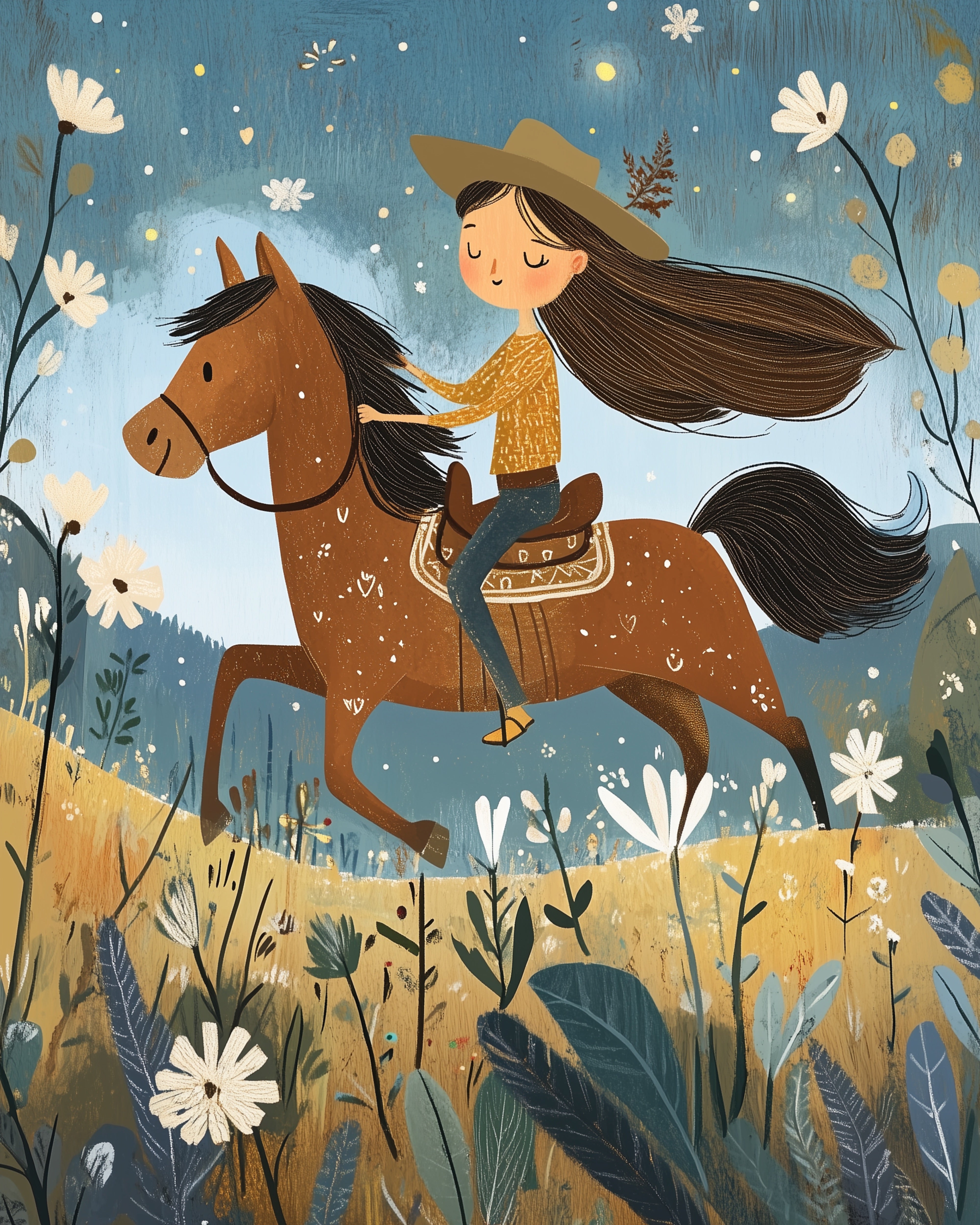  Whimsical illustration of a girl with flowing dark hair wearing a wide-brimmed hat, riding a brown horse through a wildflower field under a dusky, star-speckled sky.
