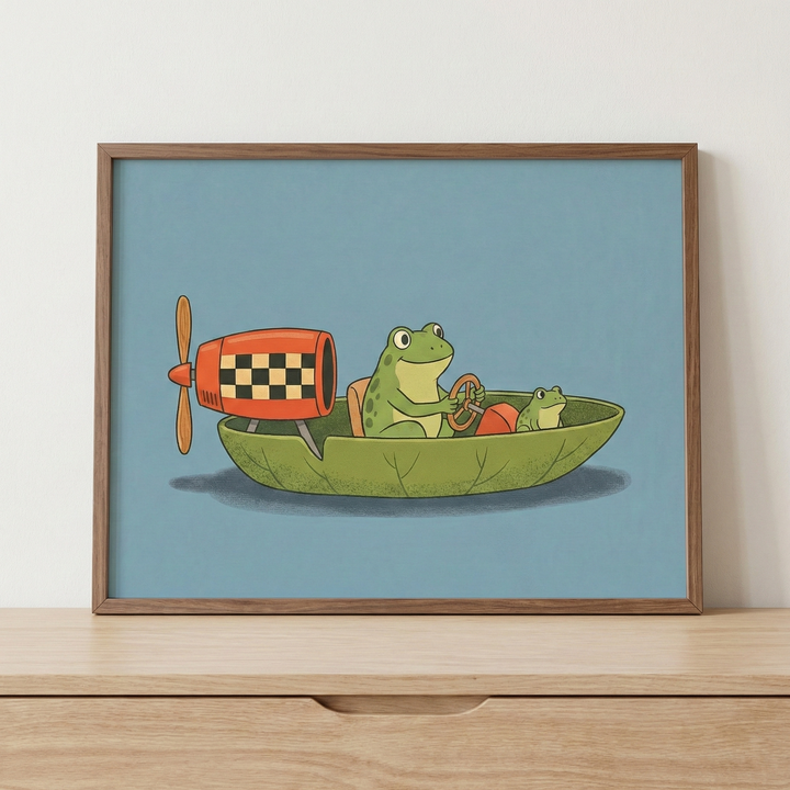 Framed frog and toad animal wall art in a medium-brown wood frame, resting on a light-toned wooden dresser against a plain, off-white wall.