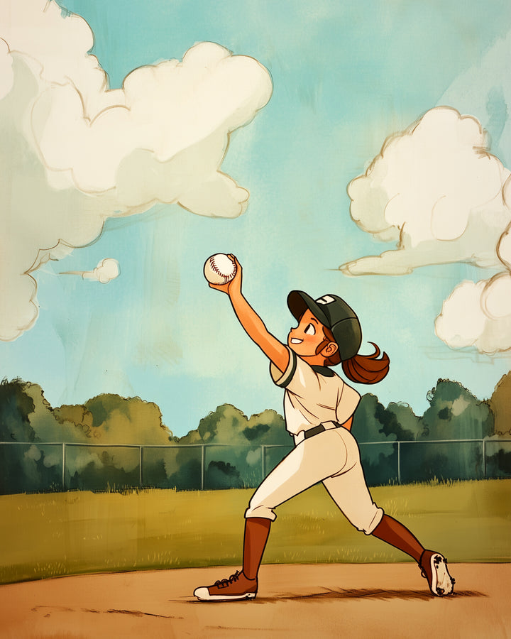  Confident young girl in a white baseball uniform winds up to pitch, holding a ball high as she stands on the mound beneath a bright blue sky.

