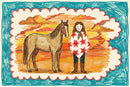 Whimsical illustration of a brown horse standing beside a girl wearing a red star-covered poncho and leopard-print scarf, set against a vivid orange sunset sky with hand-drawn cloud borders. This imaginative western-style wall art adds warmth and character to any space.
