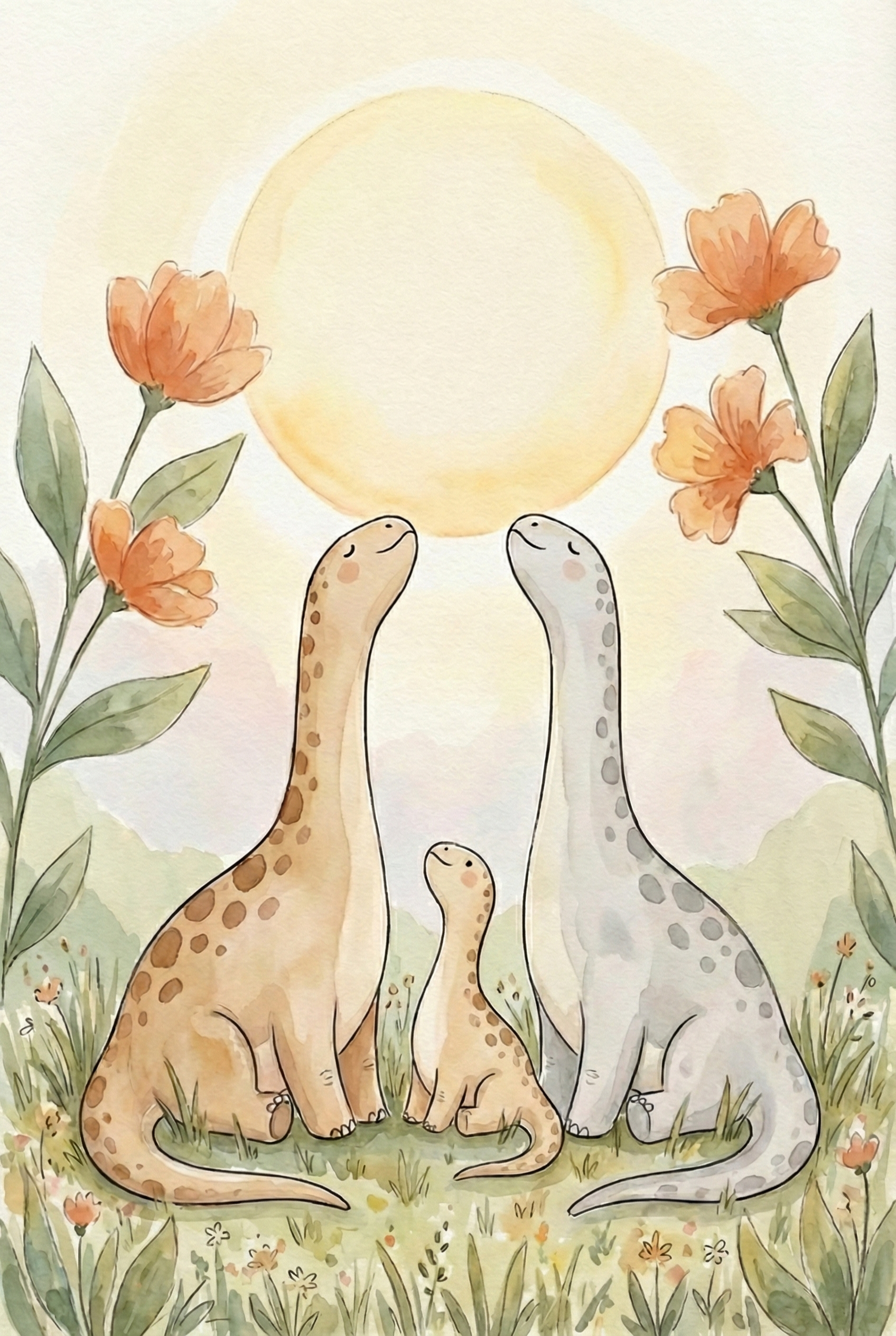 Dinosaur Family Watercolor Illustration Wall Art - Sunny Dinosaur Family