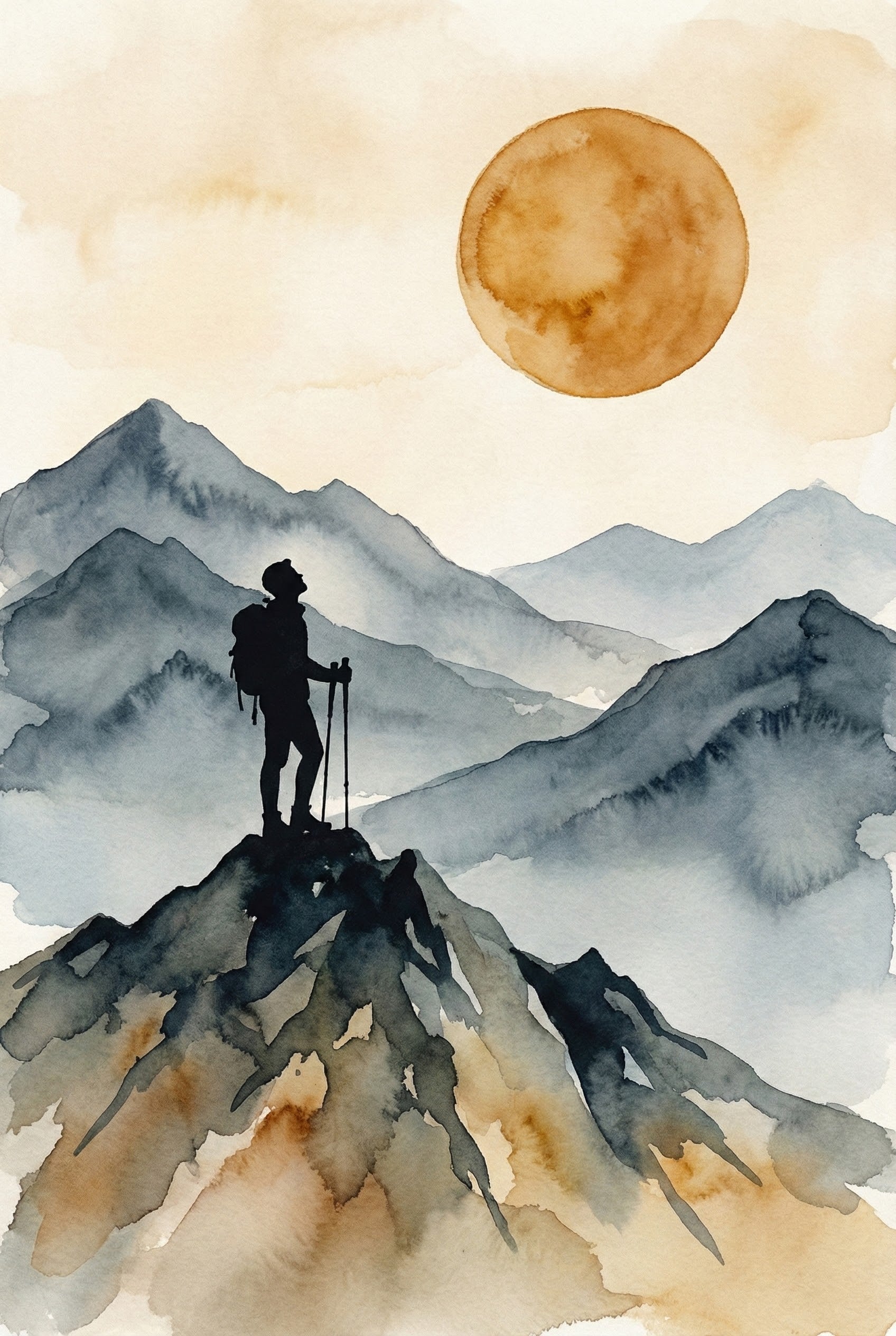 Framed watercolor painting of a lone hiker standing on a cliff edge, facing distant mountains and a large golden sun on the horizon. The artwork uses soft, earthy tones of beige, brown, and blue to evoke a sense of solitude and wonder in nature.
