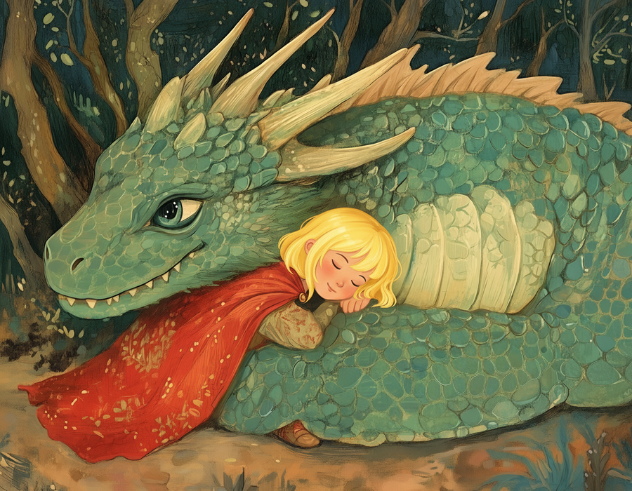 Custom version: the same green dragon curled around a sleeping blonde girl