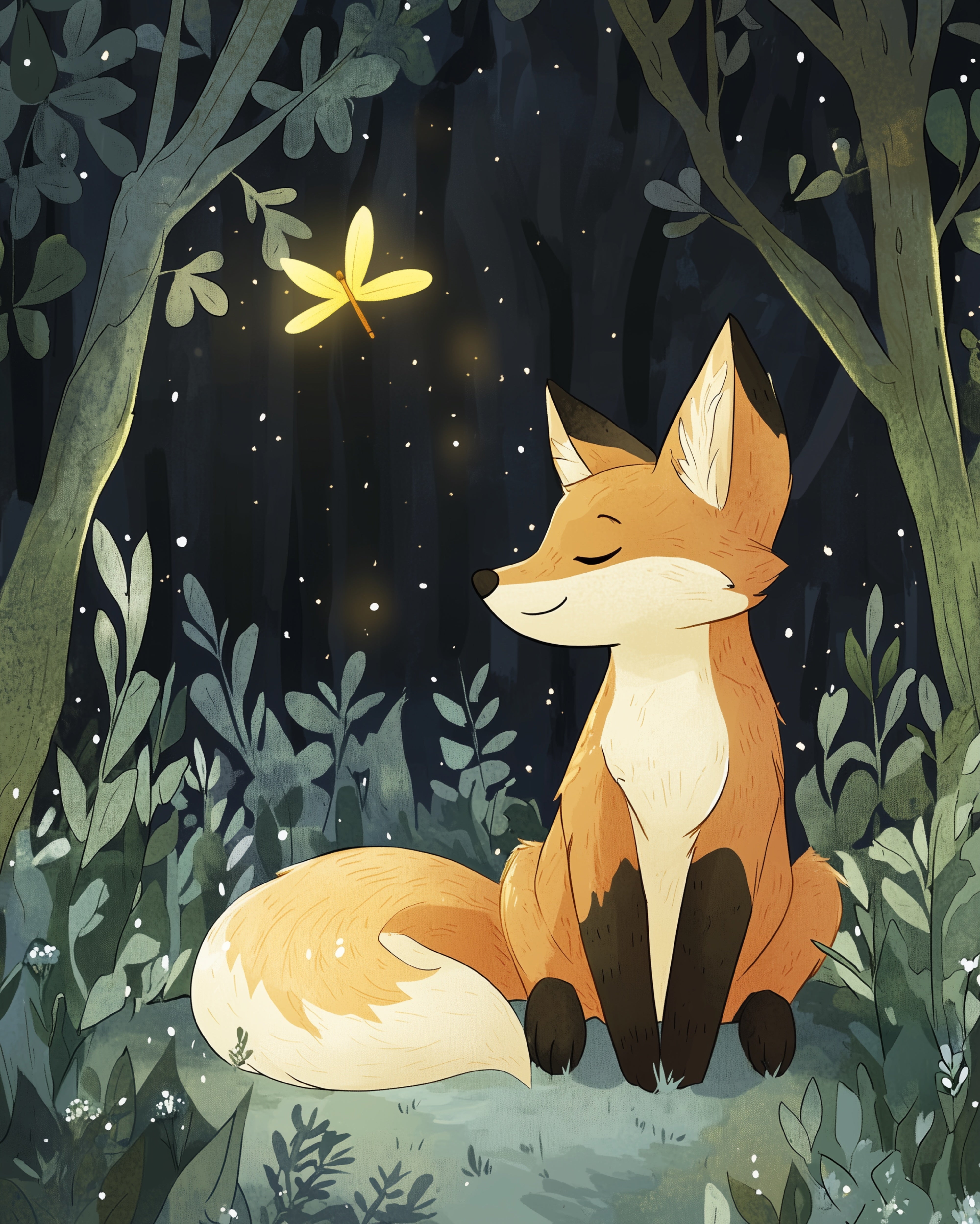  Calm forest scene of a content fox sitting among plants, eyes closed in peace, as a glowing yellow dragonfly-like bug floats nearby under a starlit sky.