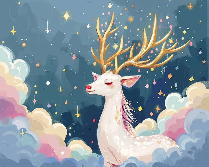 Elegant white deer with golden antlers and closed eyes stands peacefully among soft, pastel-colored clouds. The starry sky glows with scattered sparkles and multicolored lights, giving the scene a magical and serene nighttime feel.