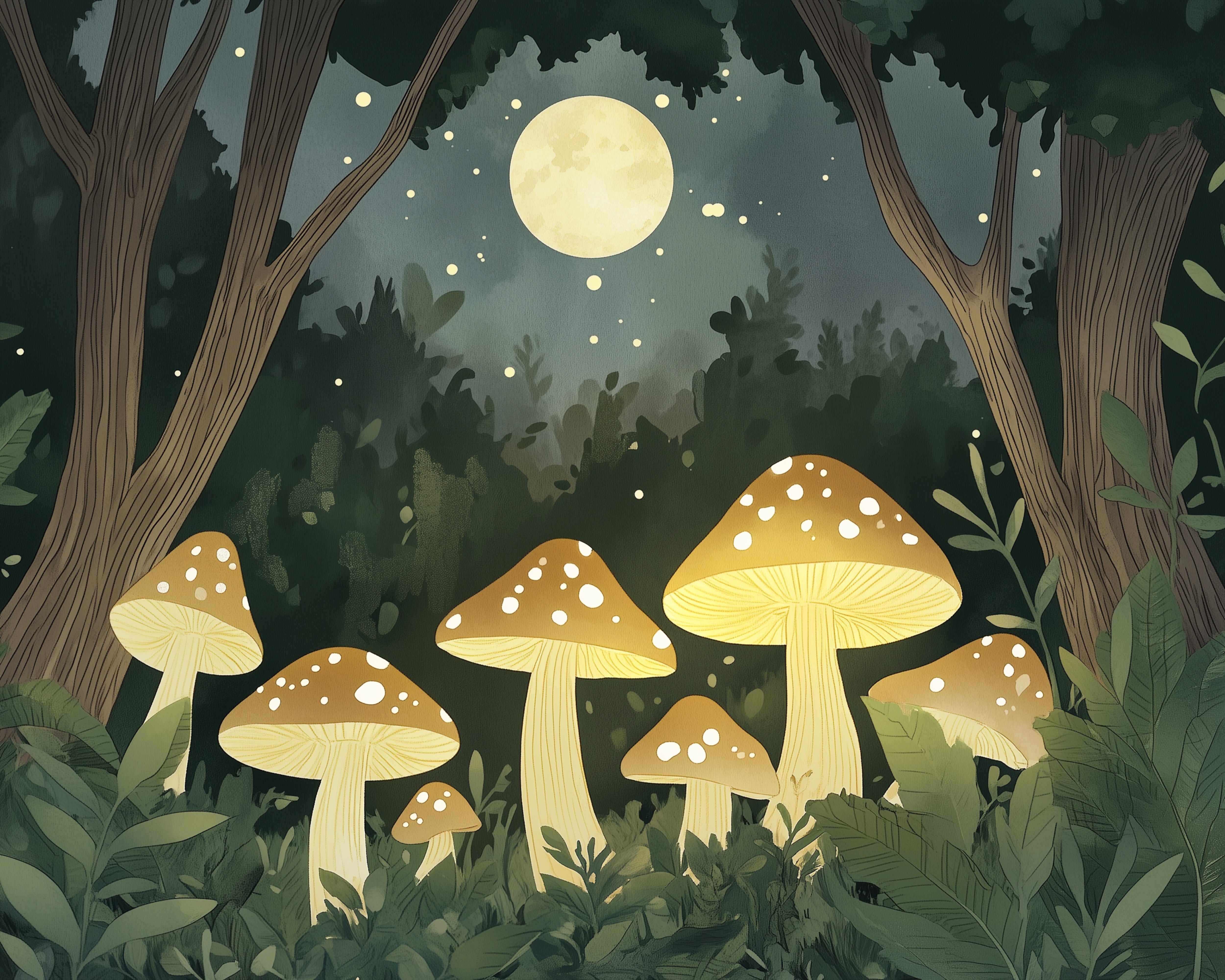 Whimsical forest scene lit by a full moon, where a cluster of large glowing mushrooms illuminates the dark greenery under tall trees.