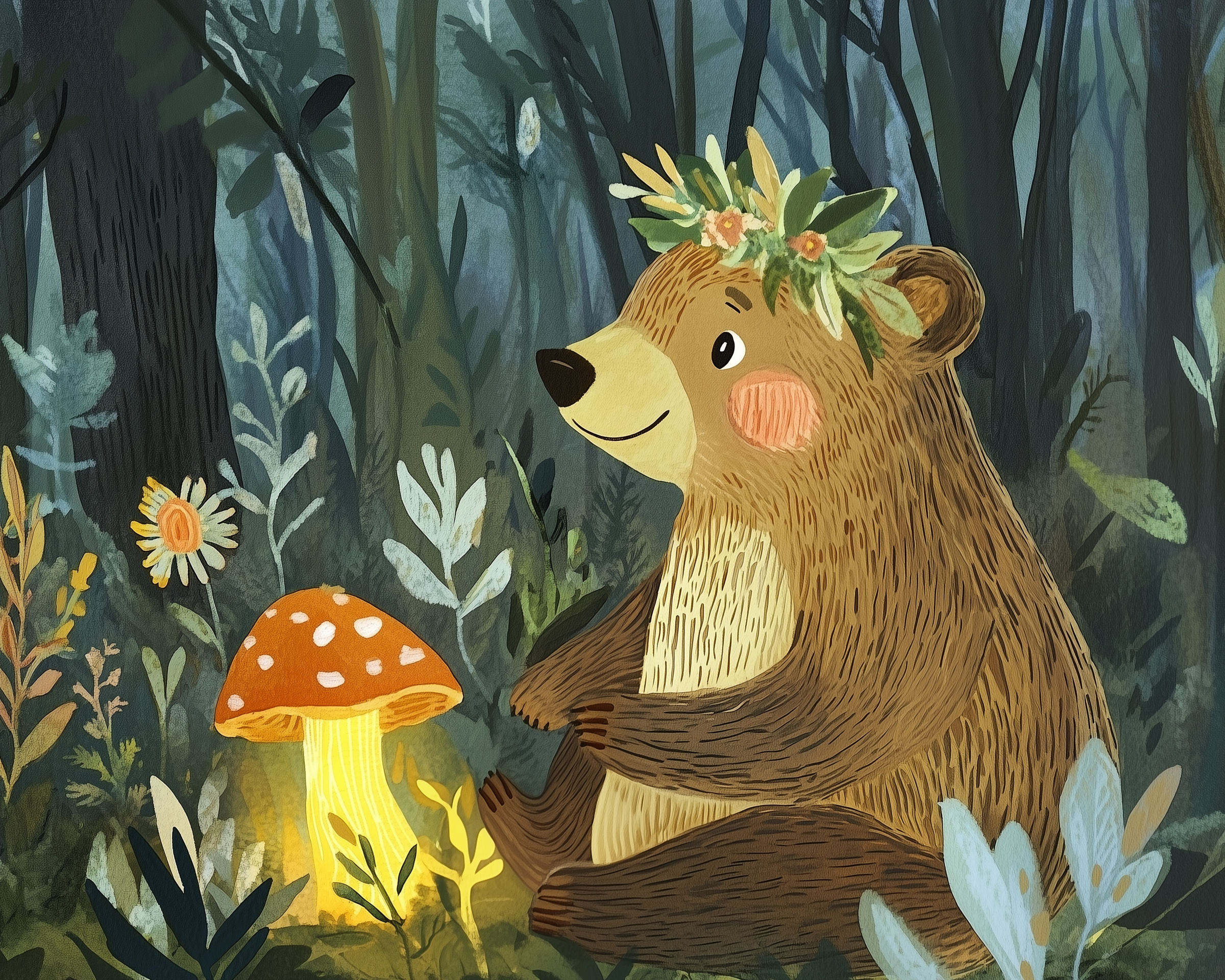 A friendly brown bear with rosy cheeks and a leafy flower crown sits peacefully in a moonlit forest, gazing at a glowing orange mushroom with white spots. Surrounded by tall trees and soft foliage, the scene feels magical and calm.