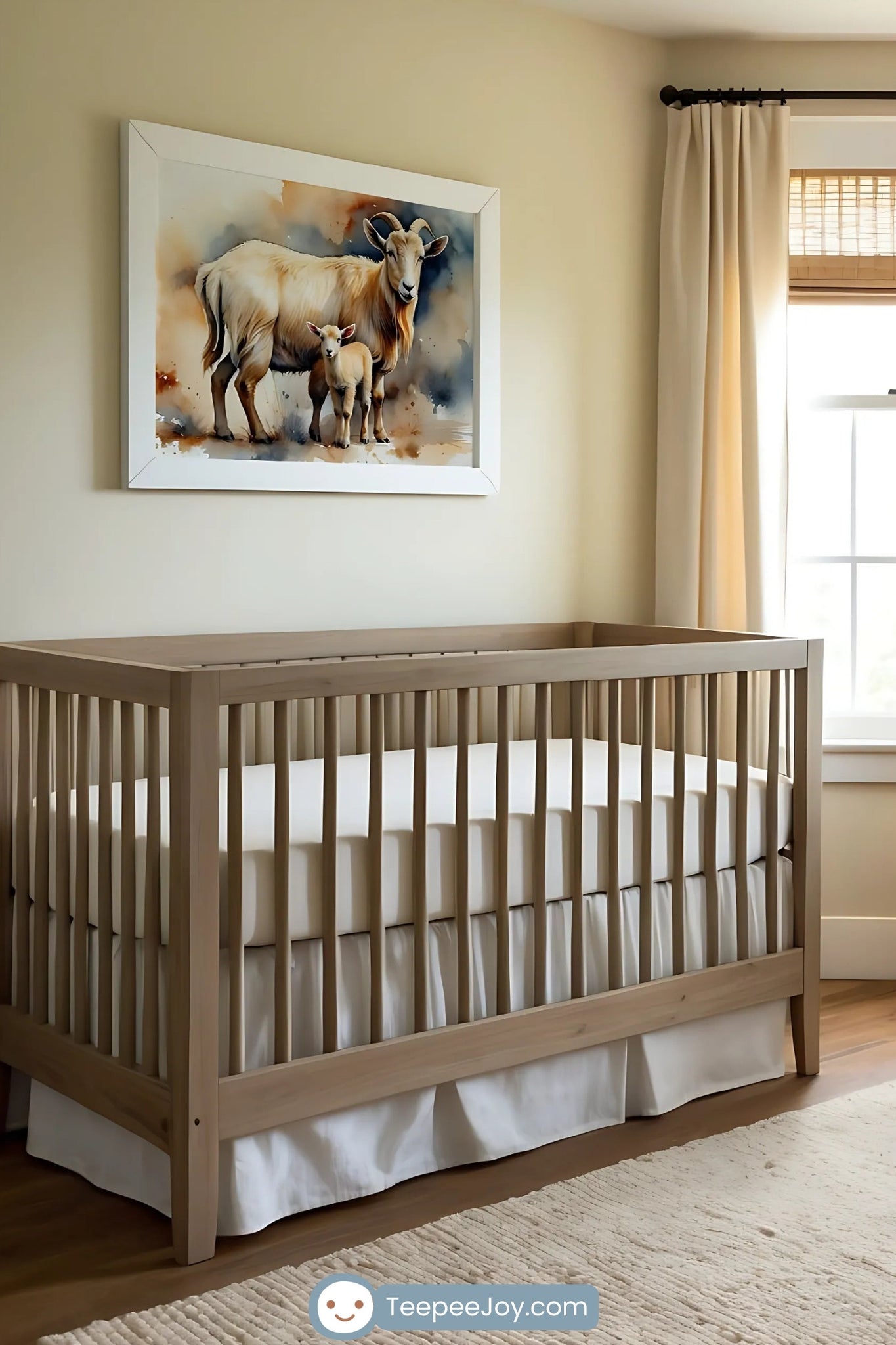 This image shows a cozy farmhouse-inspired nursery with a natural wood crib set against a neutral wall. Above the crib hangs a framed watercolor painting of a goat and its kid, reinforcing the rustic theme. The room features a plush leather rocking chair with a knit throw, a woven floor lamp, and cream curtains, creating a warm and inviting ambiance.