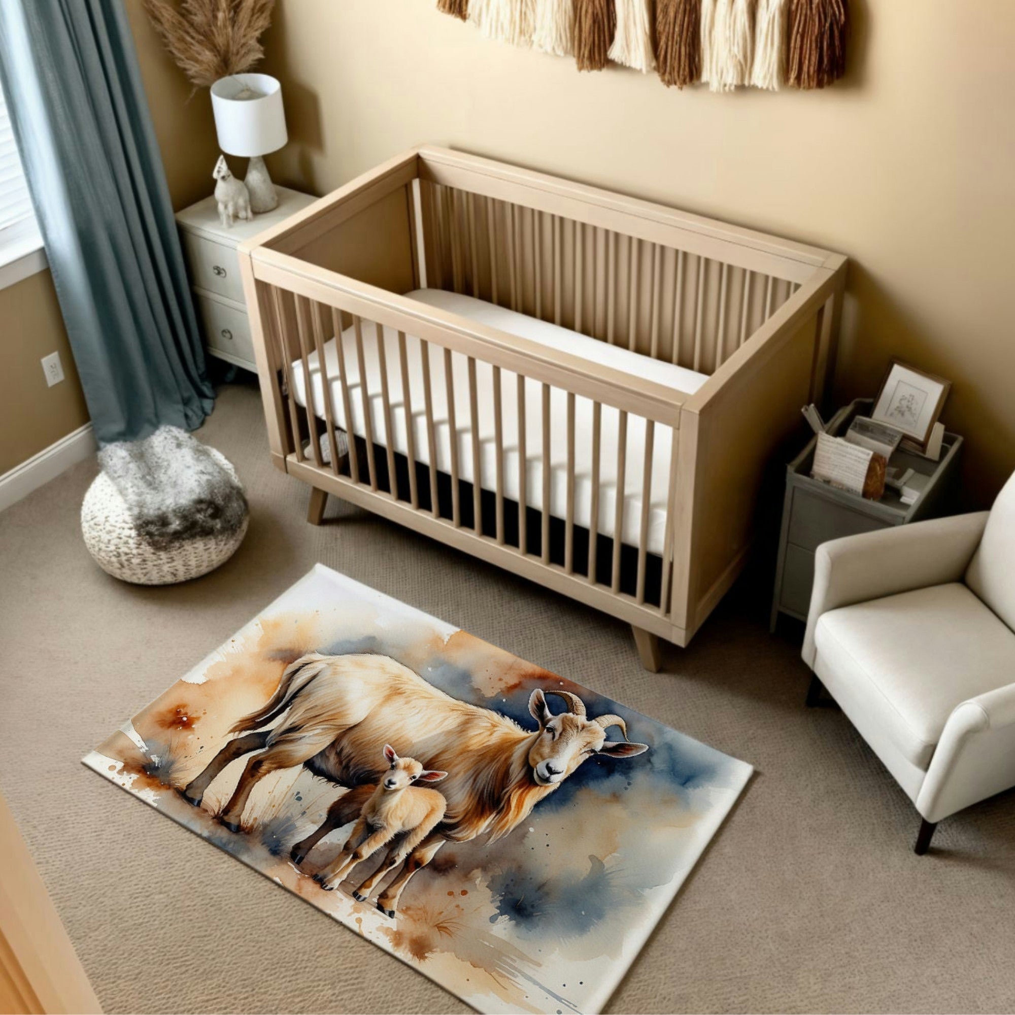 The image depicts a cozy nursery adorned with a soft beige and blue watercolor-style rug featuring a goat and its kid. The artwork portrays the animals standing together, exuding a warm and nurturing ambiance. Perfect for creating a rustic and serene vibe in a child’s room.