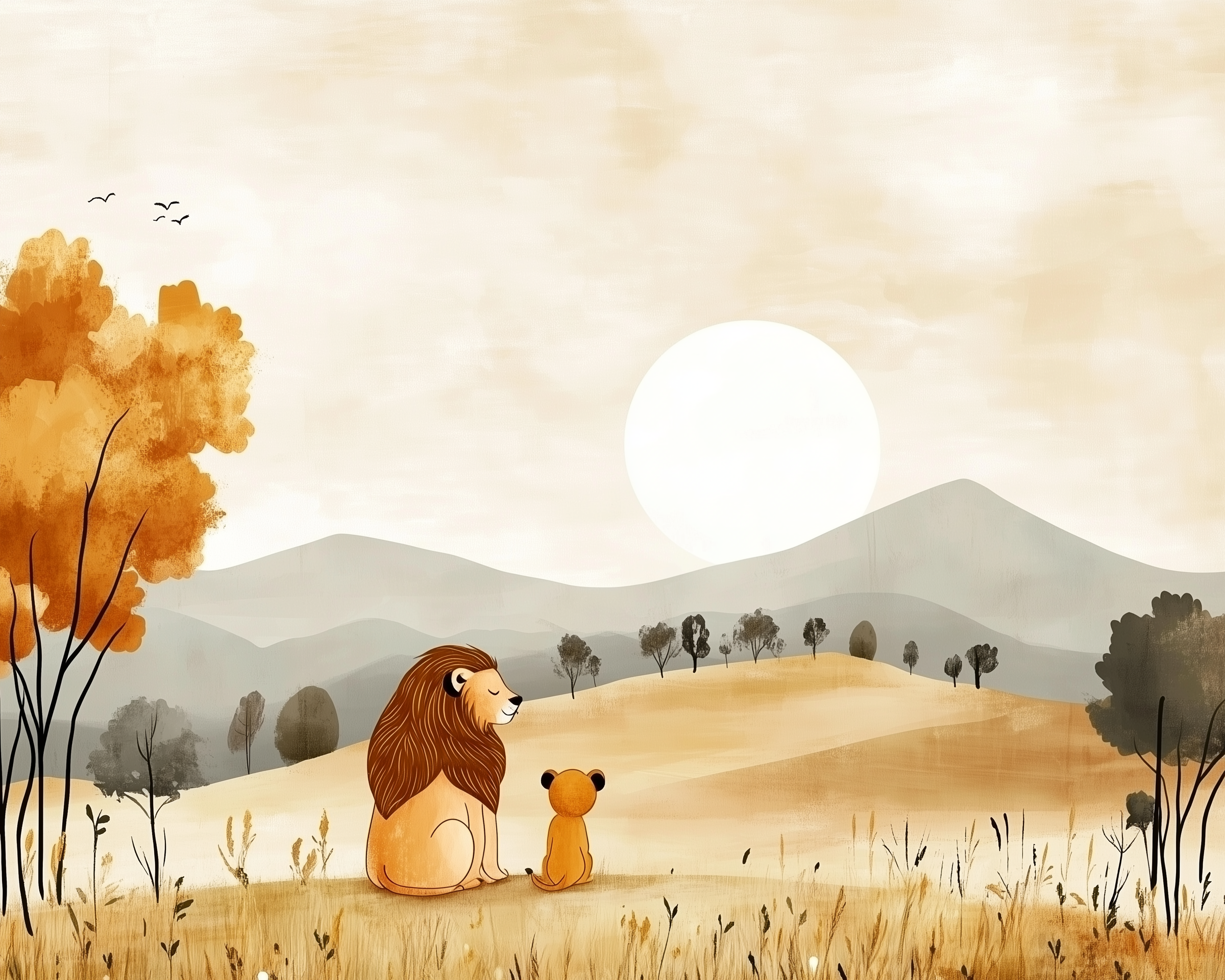 Savanna Storytime Lion Wall Art for Nursery, Playroom or Kids Bedrooms - Safari Scene with Mountains & Golden Sunset - Golden Kings