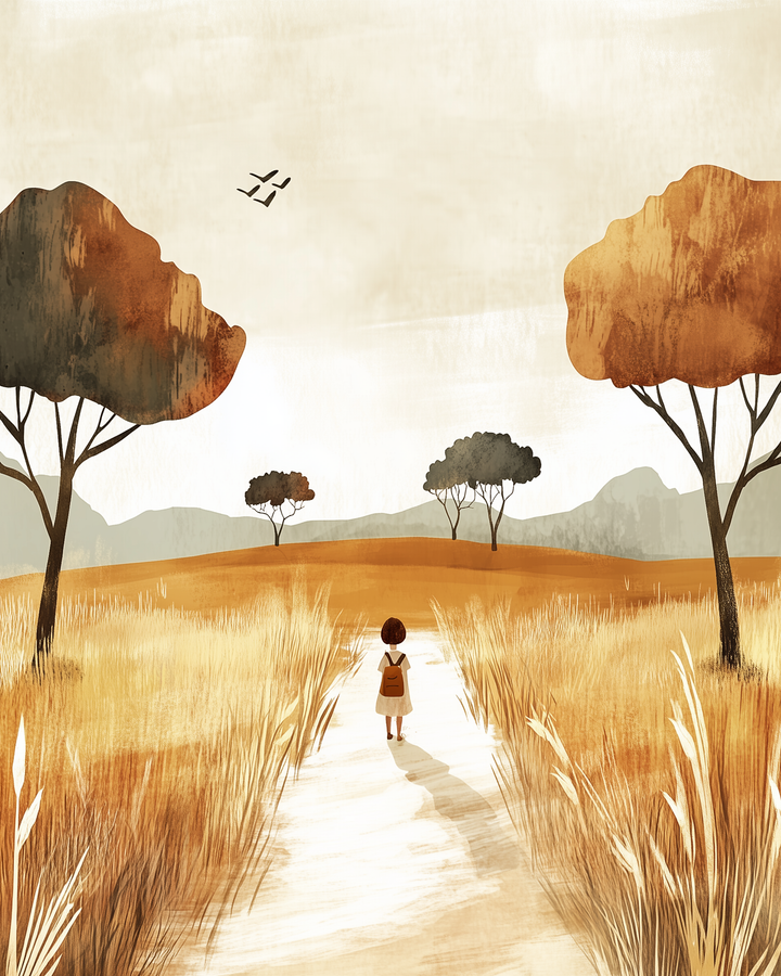 A small child in a dress walks alone down a sunlit path lined with tall grass and scattered autumn-colored trees, heading toward distant hills under a bright sky.
