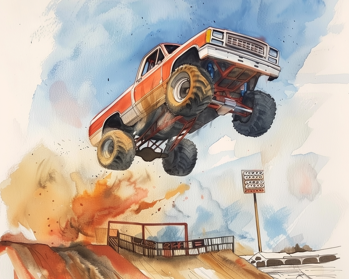 A red and white monster truck launches high into the air off a dirt ramp, kicking up a massive cloud of dust and smoke behind it. The stadium setting includes a scoreboard and rows of crushed cars, emphasizing the intensity and power of the stunt.