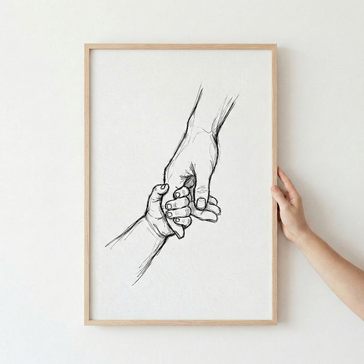 Framed wall art featuring a pencil-style sketch of a parent and child holding hands, held by a person's hand against a white wall.