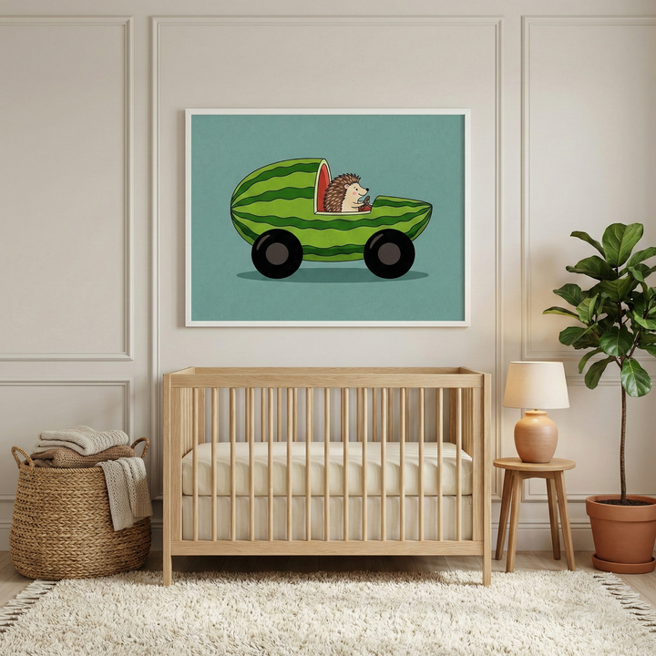 Whimsical hedgehog driving a watermelon car wall art hanging above a light wood crib in a minimalist nursery.