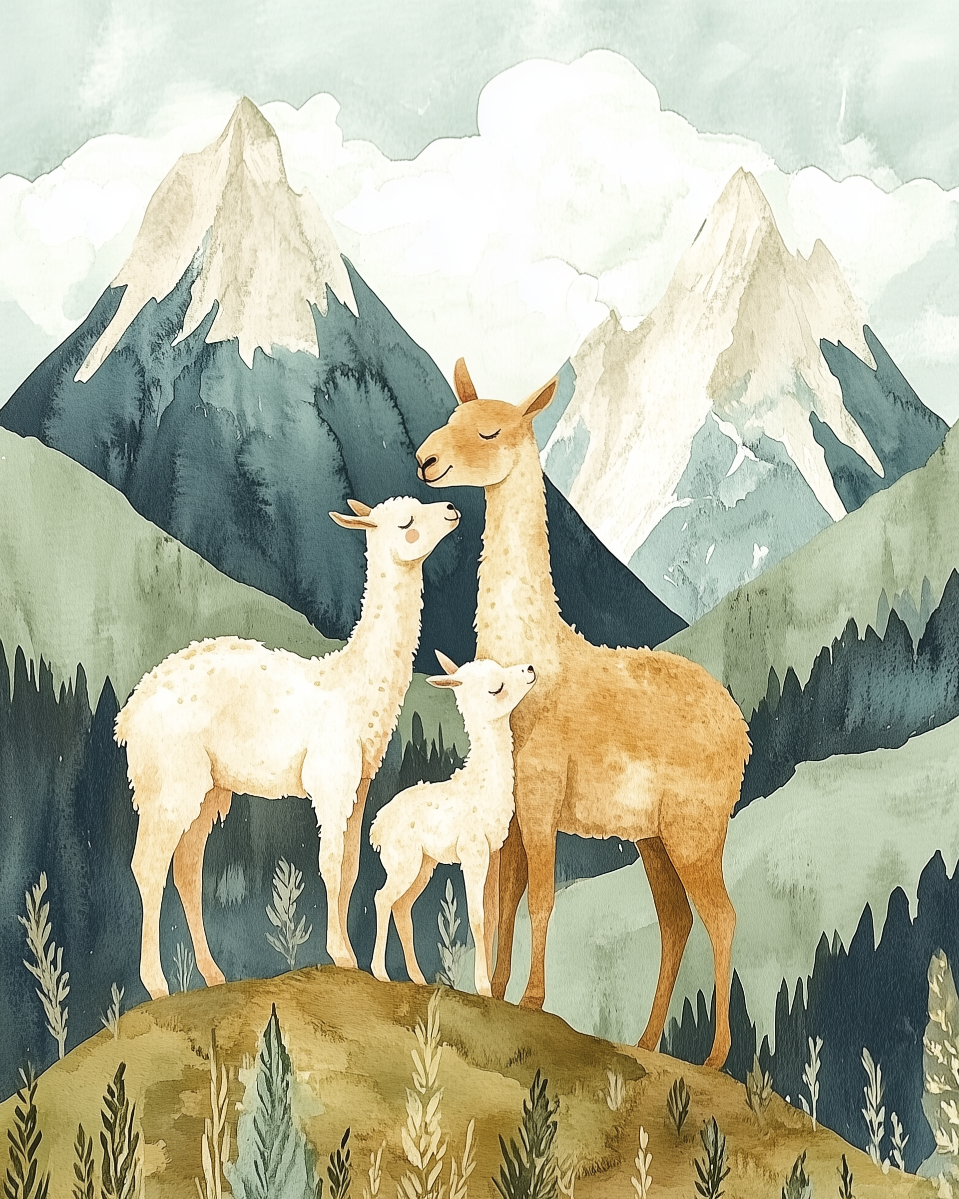 Watercolor-style illustration of a llama family, including two adults and one baby, standing closely together on a grassy hill with misty green pine forests and snowy mountain peaks in the background.
