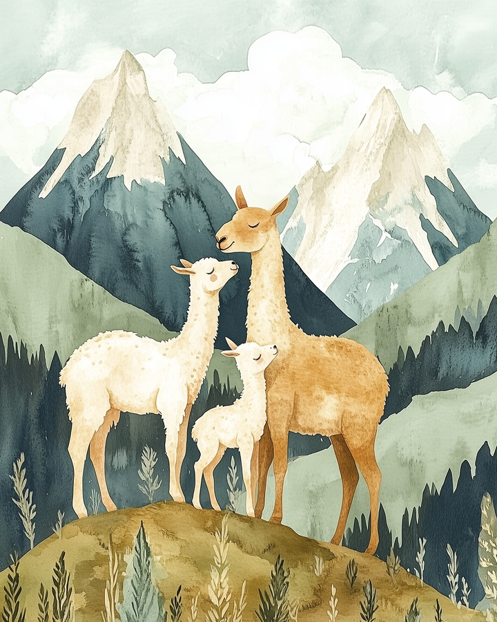 Watercolor-style illustration of a llama family, including two adults and one baby, standing closely together on a grassy hill with misty green pine forests and snowy mountain peaks in the background.
