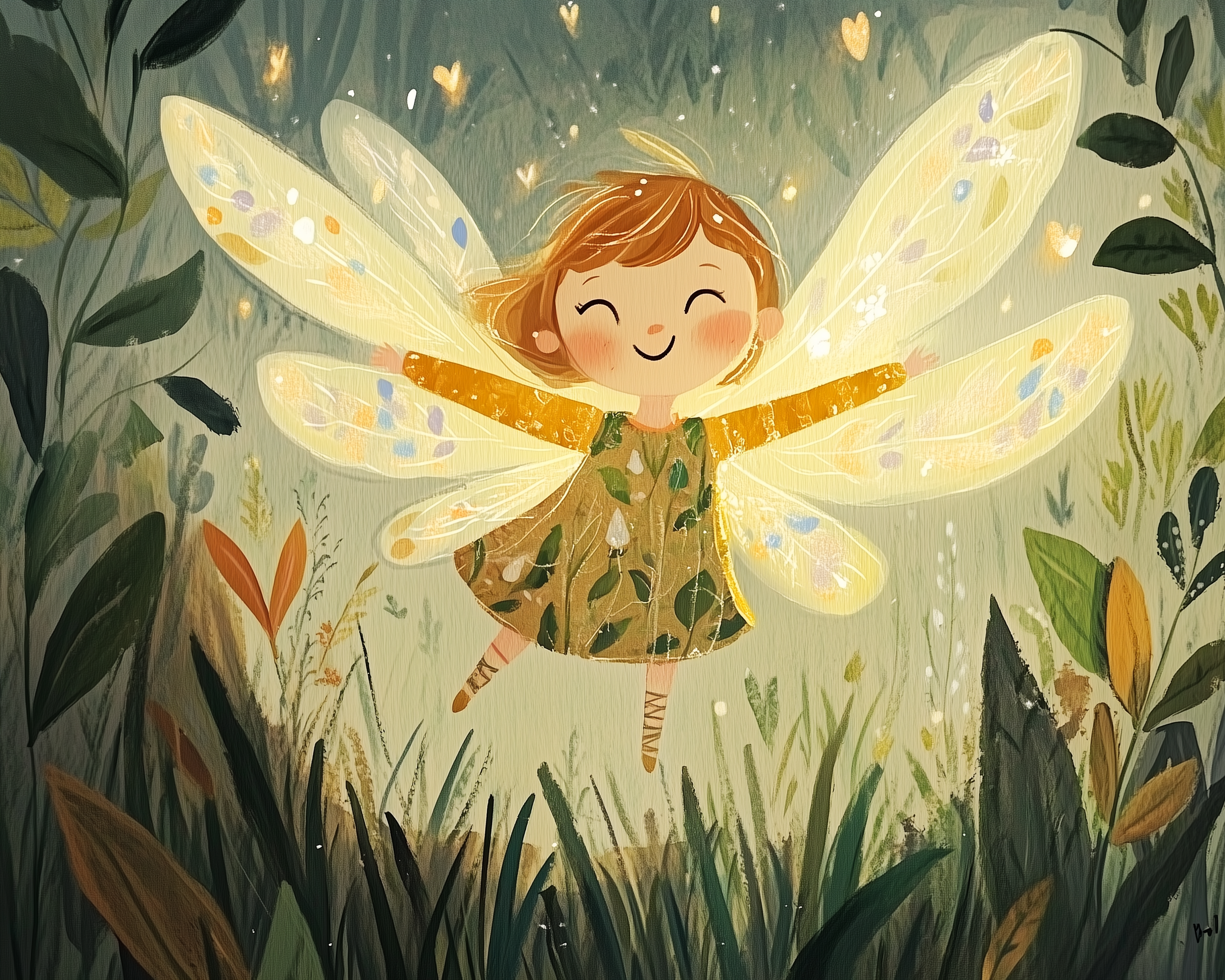 Cheerful fairy child with glowing golden wings and a leafy green dress hovers joyfully above tall grass in a forest clearing. Surrounded by soft light, glowing hearts, and lush foliage, the scene feels warm, magical, and full of wonder.