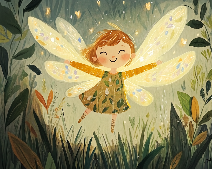 Cheerful fairy child with glowing golden wings and a leafy green dress hovers joyfully above tall grass in a forest clearing. Surrounded by soft light, glowing hearts, and lush foliage, the scene feels warm, magical, and full of wonder.