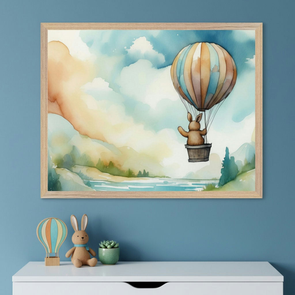 Kid's room with a blue wall and a white dresser. Above the dresser hangs a framed watercolor painting of a bunny in a hot air balloon over a landscape. On the dresser are a wooden hot air balloon, a plush bunny, and a succulent.