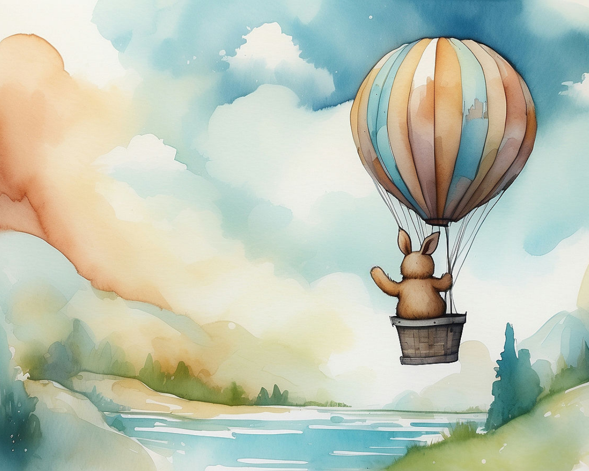 A whimsical illustration of a rabbit in a hot air balloon, featuring soft pastel colors of blue, orange, and beige. The rabbit is sitting in a basket, gazing over a serene landscape with gentle hills and a calm river below, all under a sky filled with fluffy clouds.