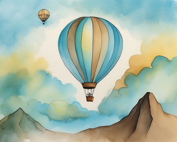 A watercolor painting depicts two hot air balloons floating in the sky above mountains. The larger balloon in the foreground features blue and beige stripes, while a smaller, plain beige balloon drifts in the distance. Fluffy clouds in shades of blue and yellow create a serene backdrop.