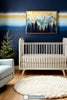 Mountain Wall Art for Nursery, Playroom or Kids Bedrooms - Serene Blue and Gold Peaks with Pine Tree Silhouettes- Majestic Peaks