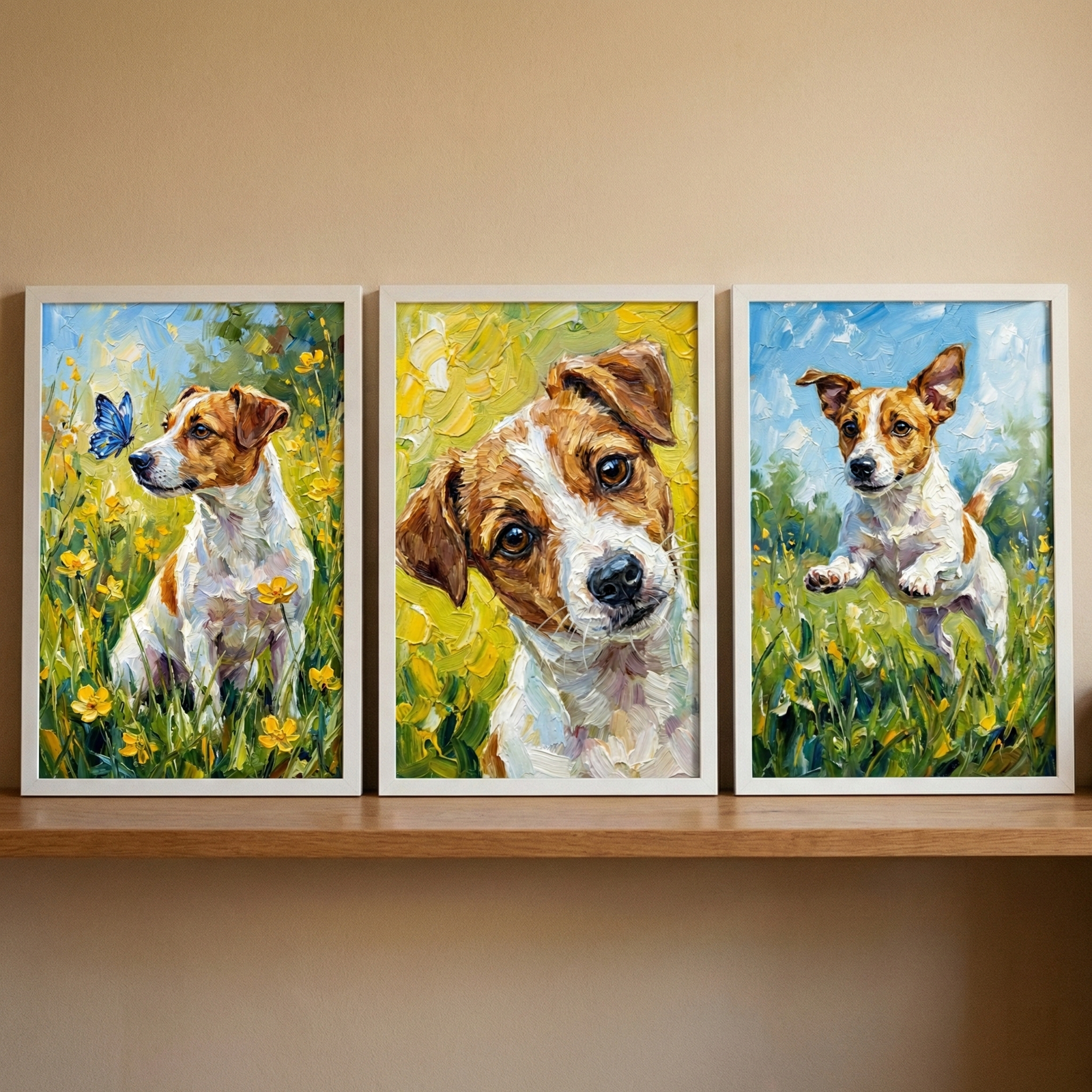 Three framed artworks featuring a brown and white dog in an expressive, textured style are displayed side-by-side on a wooden shelf. The first artwork on the left depicts the dog sitting among yellow wildflowers, looking up at a small blue butterfly. The center artwork is a close-up portrait of the dog tilting its head against a vibrant yellow background. The third artwork on the right shows the dog leaping through tall grass and flowers under a bright blue sky. 