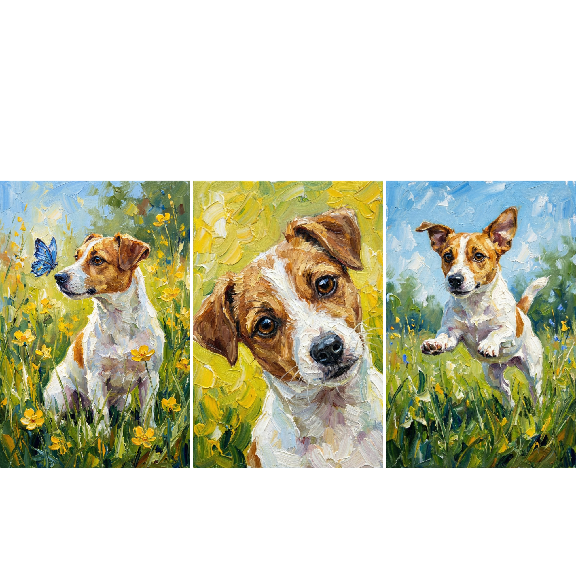 Three impressionist style paintings of a small brown and white dog in a sunny meadow filled with yellow flowers. One shows the dog watching a blue butterfly, another features a close up of the dog’s tilted head against a textured yellow background, and the third captures the dog mid leap through green grass under a bright blue sky.

