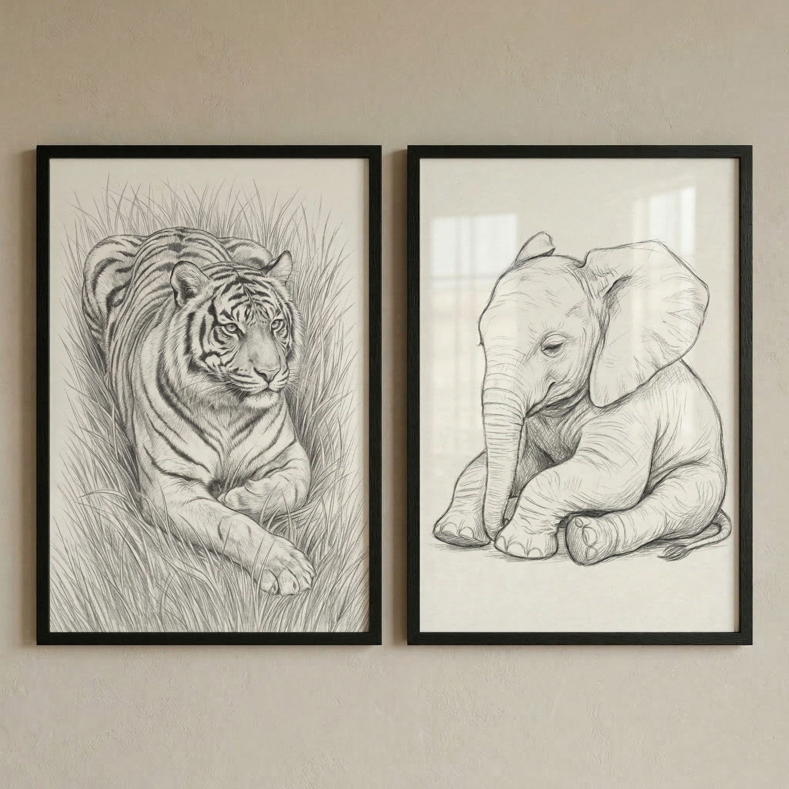 Two black-framed pencil sketches of animals hang side-by-side on a light-colored, textured wall. The sketch on the left depicts a tiger lying down, partially hidden in tall grass, with detailed stripes and a focused expression. The sketch on the right features a baby elephant sitting in a gentle pose, with soft features and detailed skin texture. Both pieces are rendered in a realistic, black-and-white style with fine lines and intricate shading.