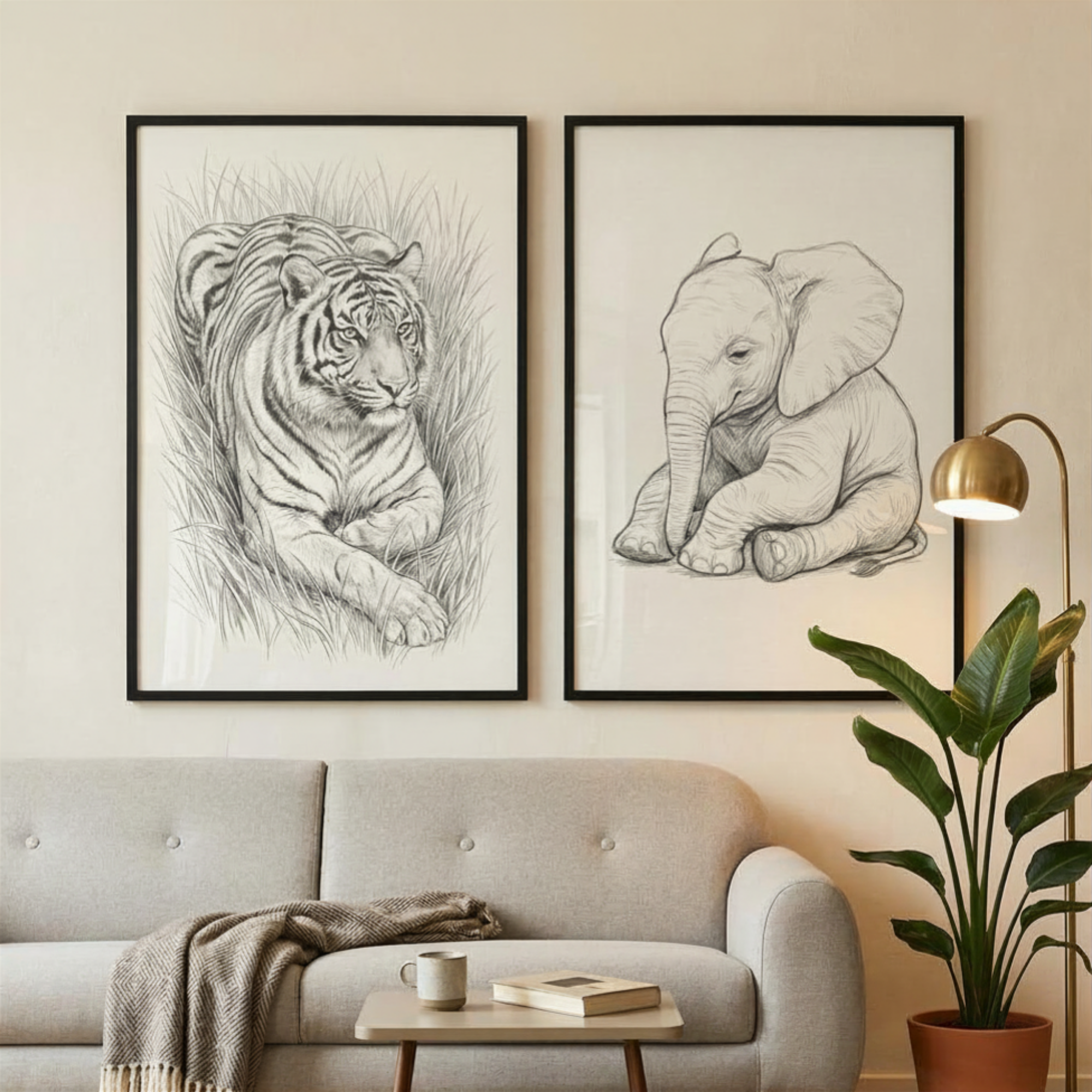Jungle Animals Wall Art Set of 2 - Wild Animal Sketches