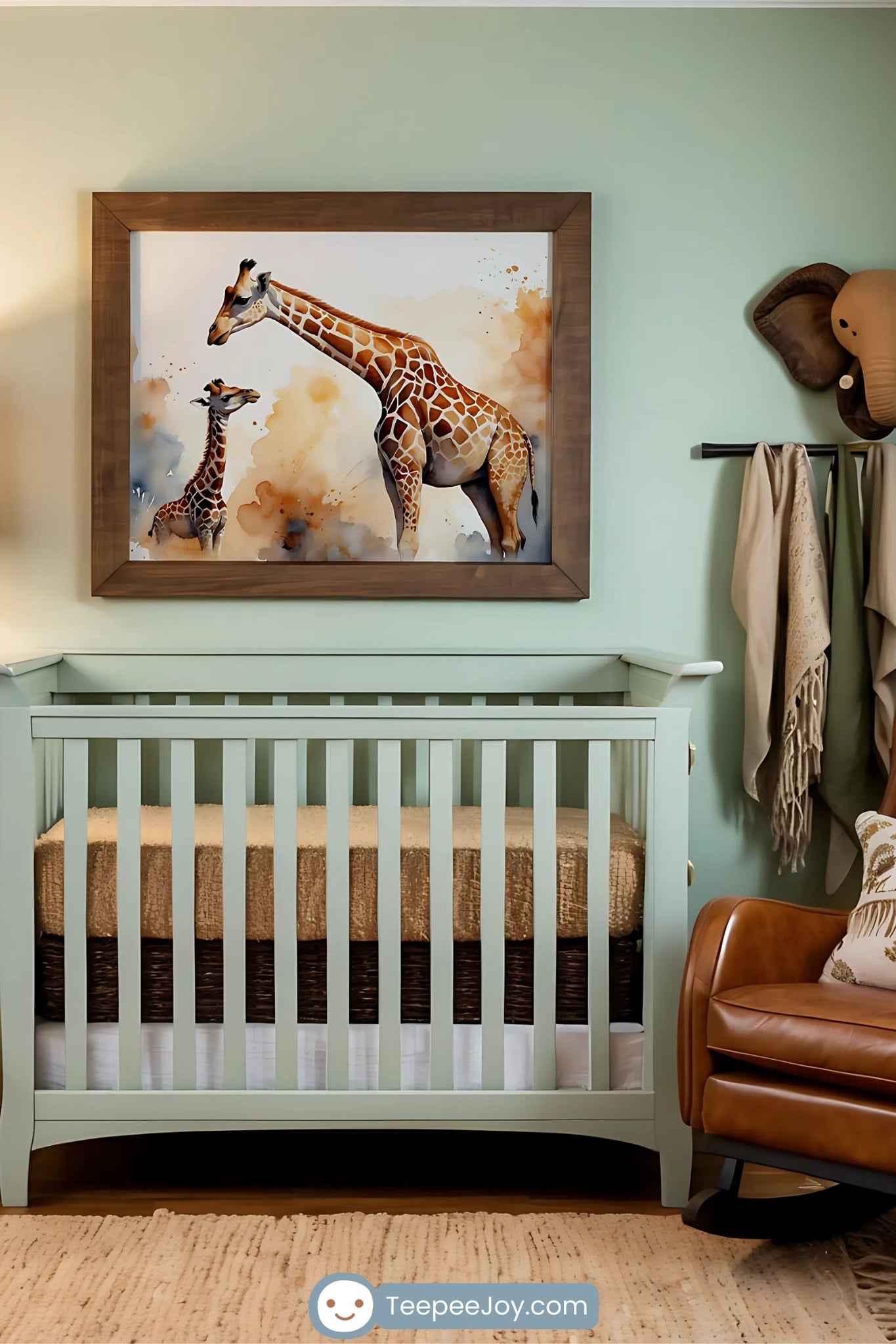 This image portrays a nature-themed nursery with a mint-green crib beneath a framed watercolor painting of a giraffe and its calf, adding a charming safari touch. The room features warm accents, including a woven floor lamp, a wicker basket with soft textiles, and a tan leather rocking chair with cozy throws and pillows. The decor is completed with a mounted elephant head and neutral-colored walls, creating a tranquil and inviting space.