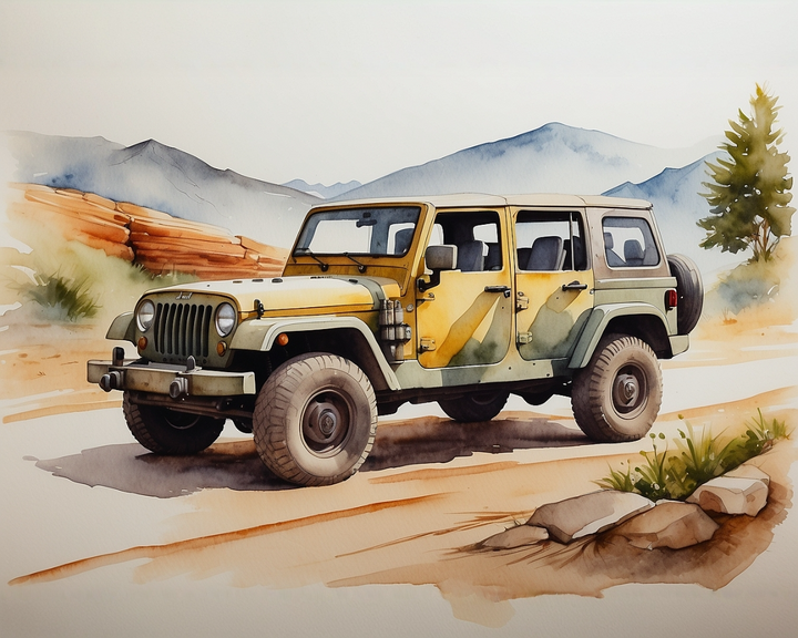 A watercolor painting depicts a rugged off-road vehicle with a camouflage pattern, parked on a dirt path. The background features distant mountains and a lone tree, suggesting a remote, natural setting.