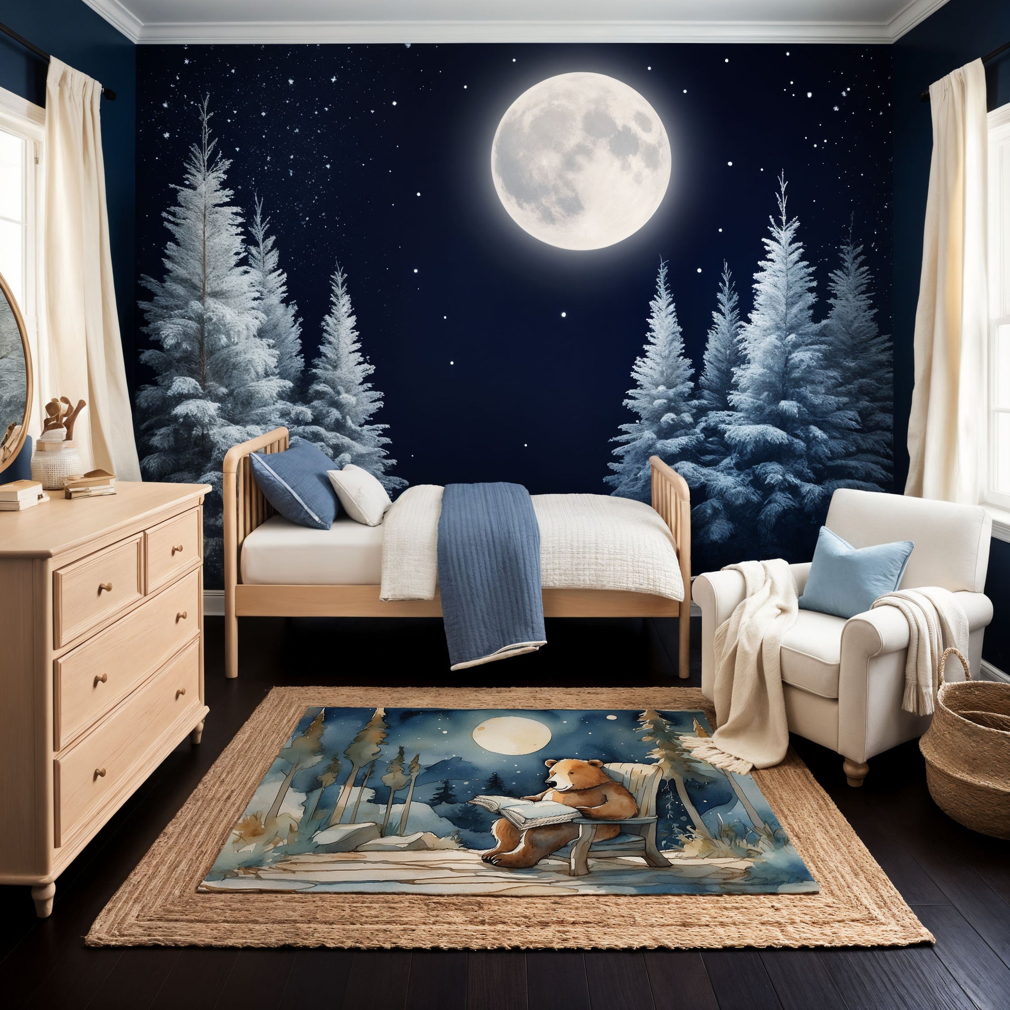 Kids and Nursery Bear Area Rug - Bear’s Moonlit Tales