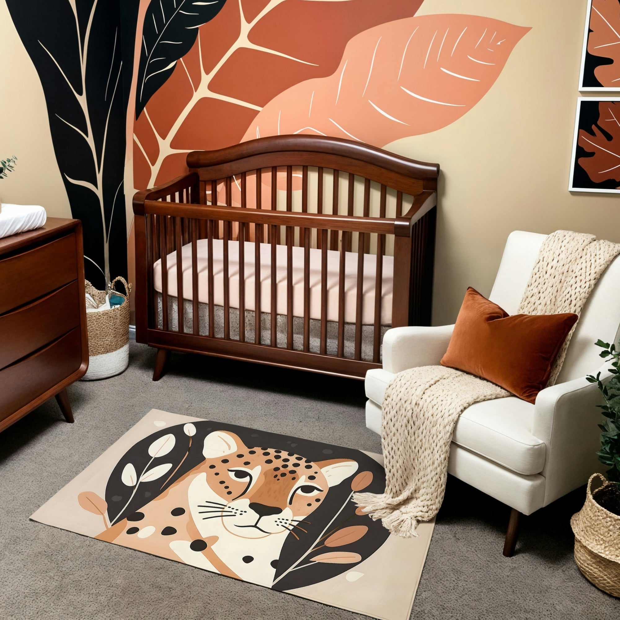 A vibrant nursery featuring a dark wood crib and dresser against a bold accent wall with oversized leaf designs in black, terracotta, and beige tones. The room includes a cozy white armchair with a rust-colored pillow and knit blanket, complemented by a whimsical area rug depicting a cheetah’s face surrounded by abstract foliage. The earthy color palette and natural elements create a warm and safari-inspired ambiance.