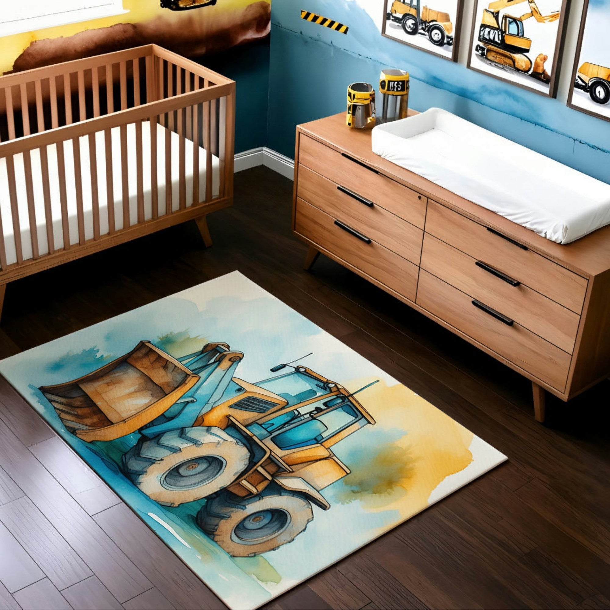 A construction-themed nursery featuring a wooden crib and dresser, with walls decorated with construction vehicle illustrations and accents. The room includes a colorful rug showcasing a watercolor-style illustration of a front-end loader in bright orange and blue tones, set against a soft, abstract background.