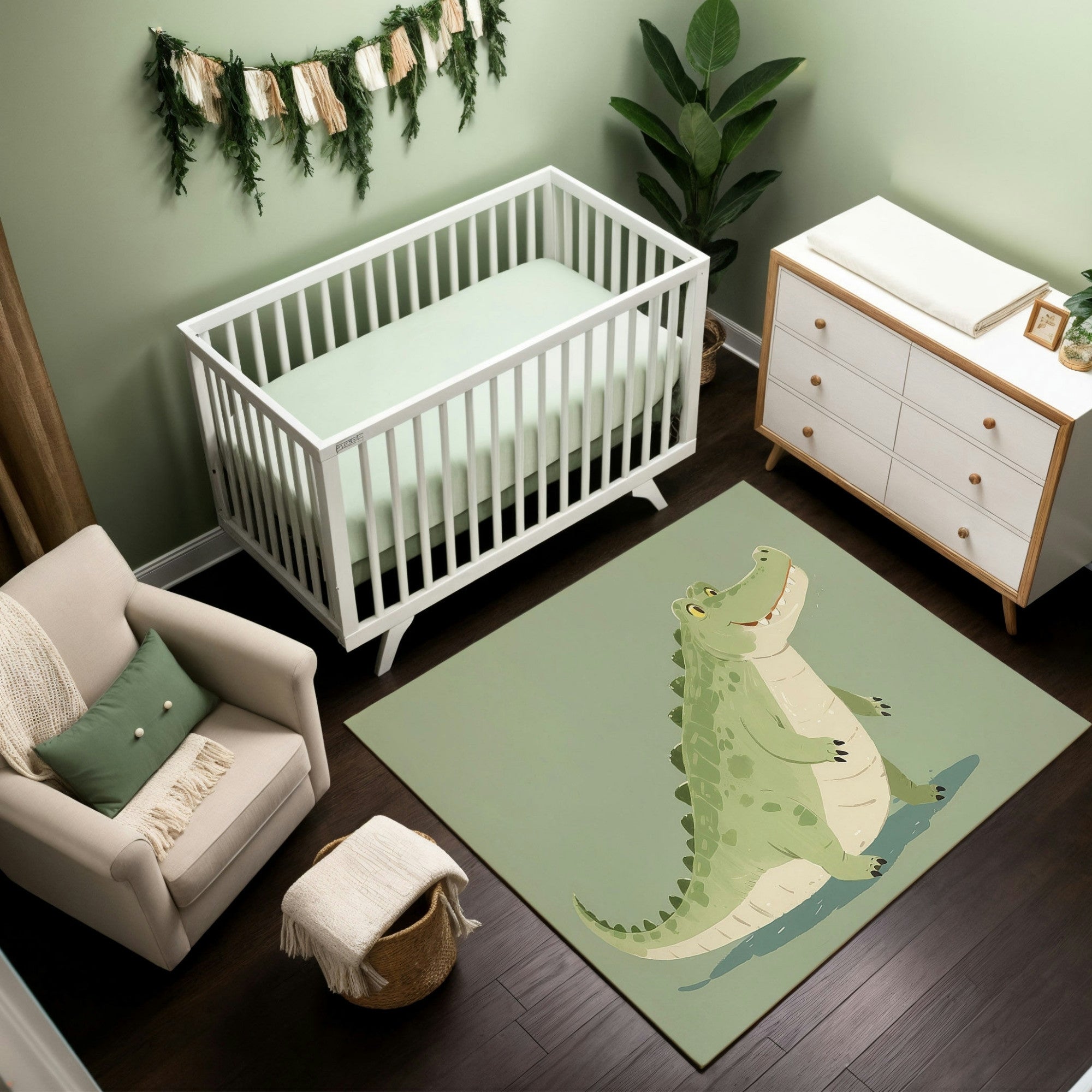 The image shows a cozy nursery decorated in green tones with a crocodile-themed rug as the centerpiece. The illustrated crocodile stands upright with a cheerful expression, blending well with the soft green walls and natural decor elements like a plant and woven basket. This playful design adds charm and character to the room.