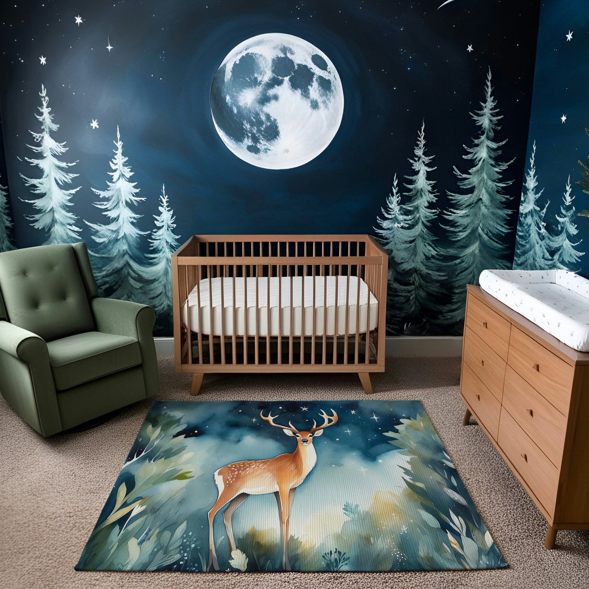 A woodland-themed nursery featuring a wooden crib and green armchair, set against a mural of tall pine trees under a night sky with a full moon. The room is complemented by a natural wood dresser and a rug showcasing a watercolor-style design of a lone deer surrounded by lush foliage and a starry background.