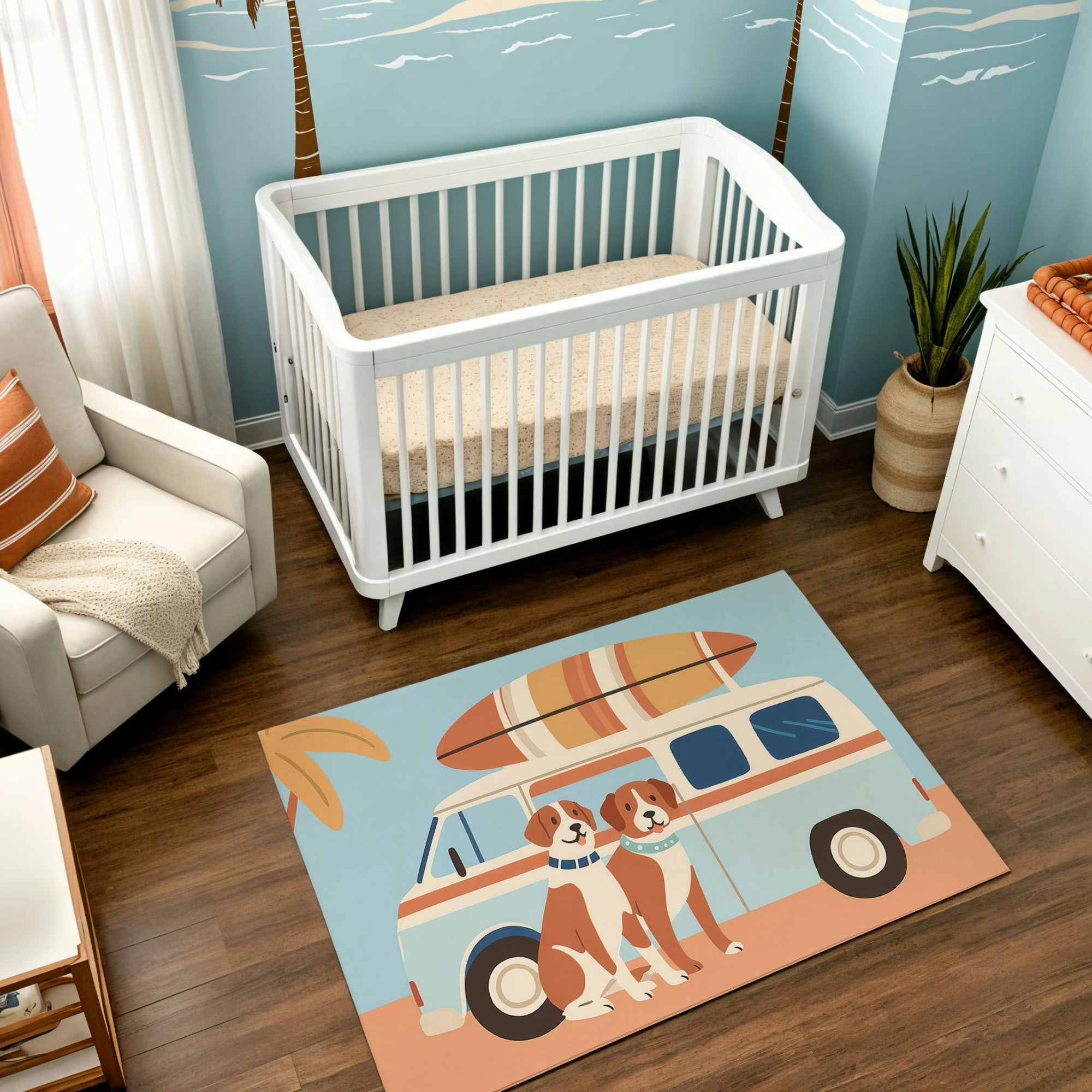 A coastal-themed nursery featuring a colorful rug with an illustration of two dogs sitting beside a vintage van with a surfboard strapped to its roof. The room is decorated with a light blue wall mural of palm trees and ocean waves, complementing the white crib and warm wooden flooring. This design brings a playful, beachy vibe to the space.