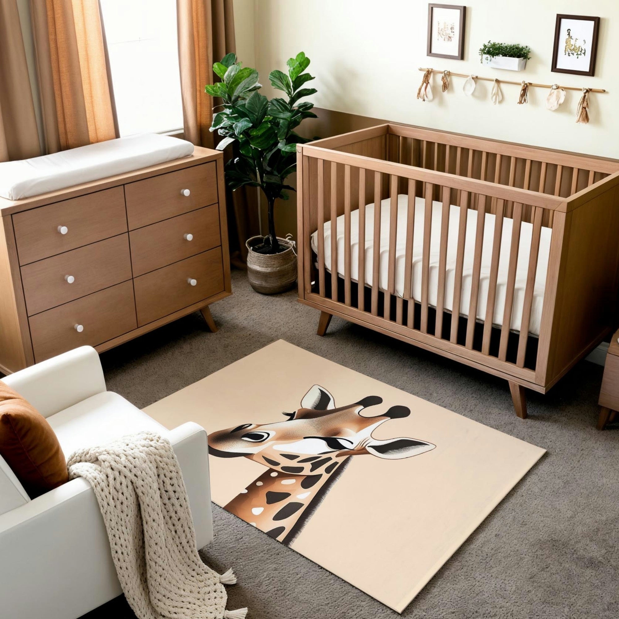 A cozy nursery featuring a natural wood crib and matching dresser, accented with soft beige curtains and a white armchair with a rust-colored pillow and knit blanket. The room includes a whimsical area rug with a close-up illustration of a giraffe’s face and neck, adding a playful safari theme. Decor details like a potted plant, framed art, and a tassel garland enhance the warm and inviting atmosphere.